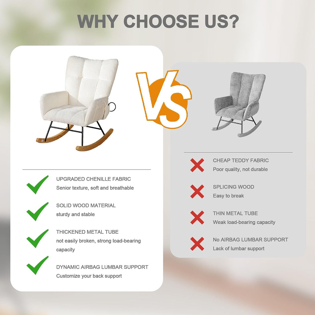 Rocking Chair Nursery with Airbag, Comfy Modern Nursery Rocking Reading Chair indoor, Cozy Upholstered Glider Rocker Chairs for Living Room Bedroom Offices, Sillas Mecedoras(Chenille, White)