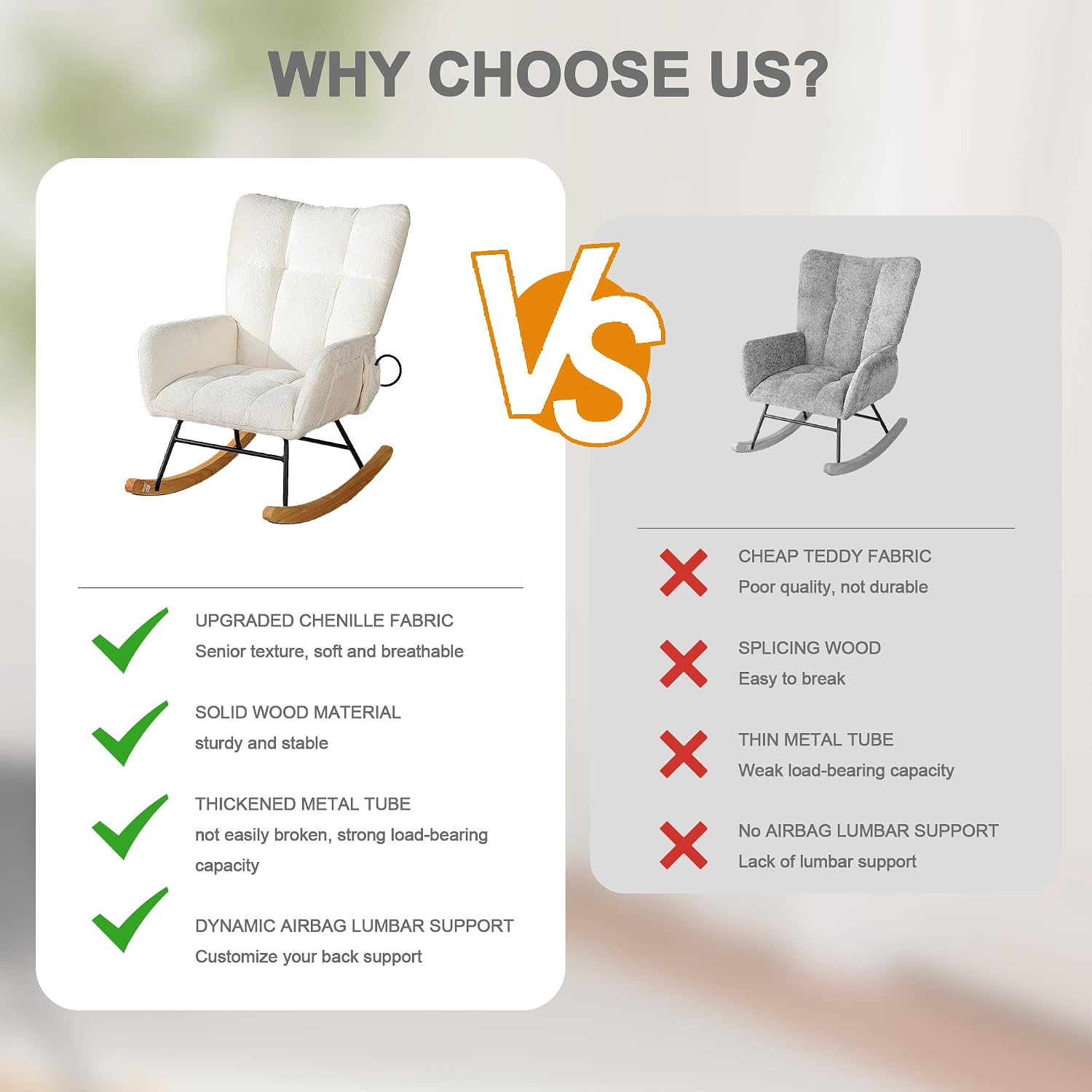 Rocking Chair Nursery with Airbag, Comfy Modern Nursery Rocking Reading Chair indoor, Cozy Upholstered Glider Rocker Chairs for Living Room Bedroom Offices, Sillas Mecedoras(Chenille, White)
