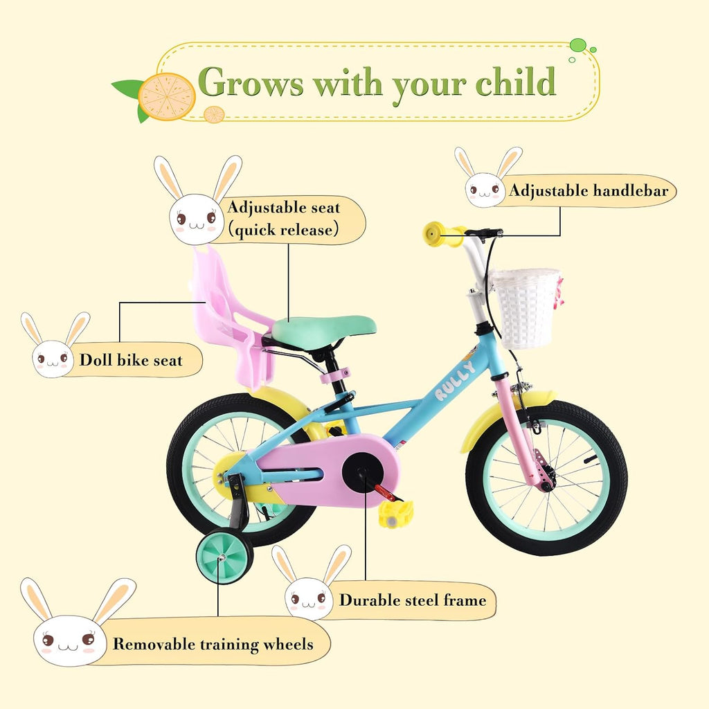 RULLY 12 14 16 Inch Kids Bike for 2-7 Years Girls 33-53 Inch Tall, Toddler Bicycle with Training Wheels & Coaster Brake, Rainbow Bike, Macarons