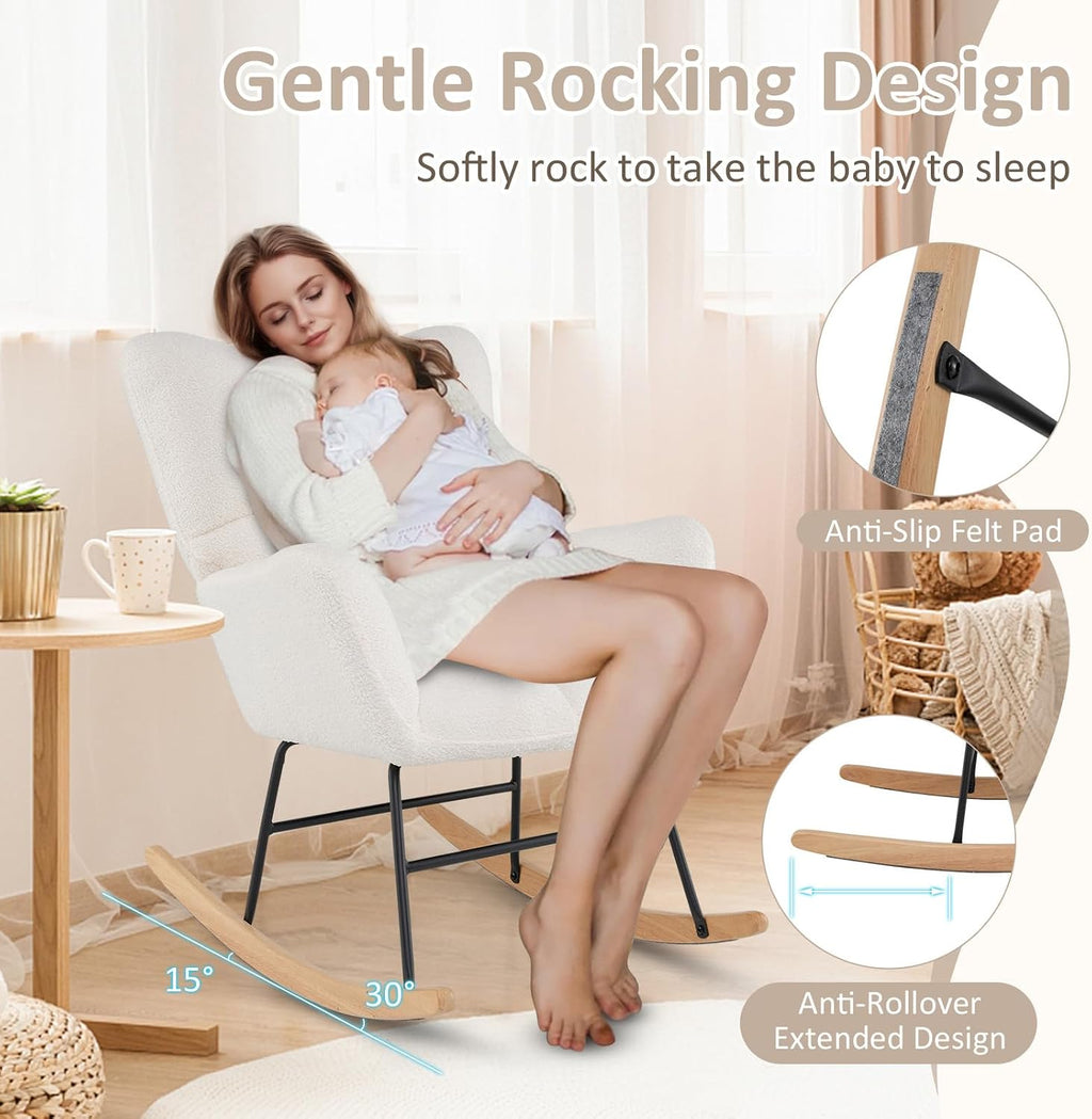 Giantex Rocking Chair Nursery, Teddy Upholstered Glider Rocker Chair w/High Backrest, Armrests & Rubber Wood Feet, Modern Sherpa Rocking Accent Chair for Living Room, Bedroom & Office, Beige
