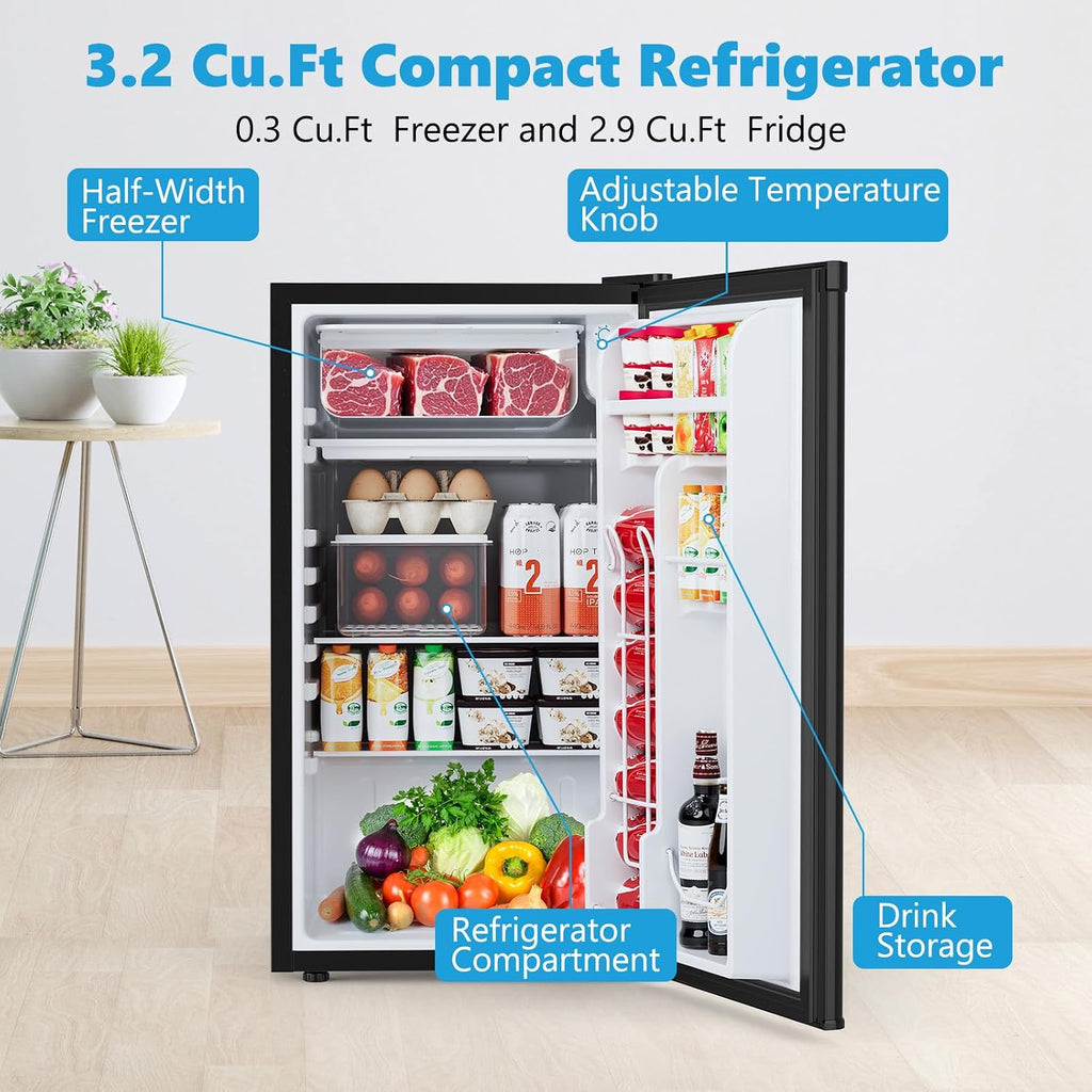 COWSAR 3.2 Cu.ft Mini Fridge with Freezer, Compact Dorm Refrigerator with Reversible Single Door, Adjustable Thermostat, Energy Saving, Perfect for Office, Dorm, Bedroom, Home, Black