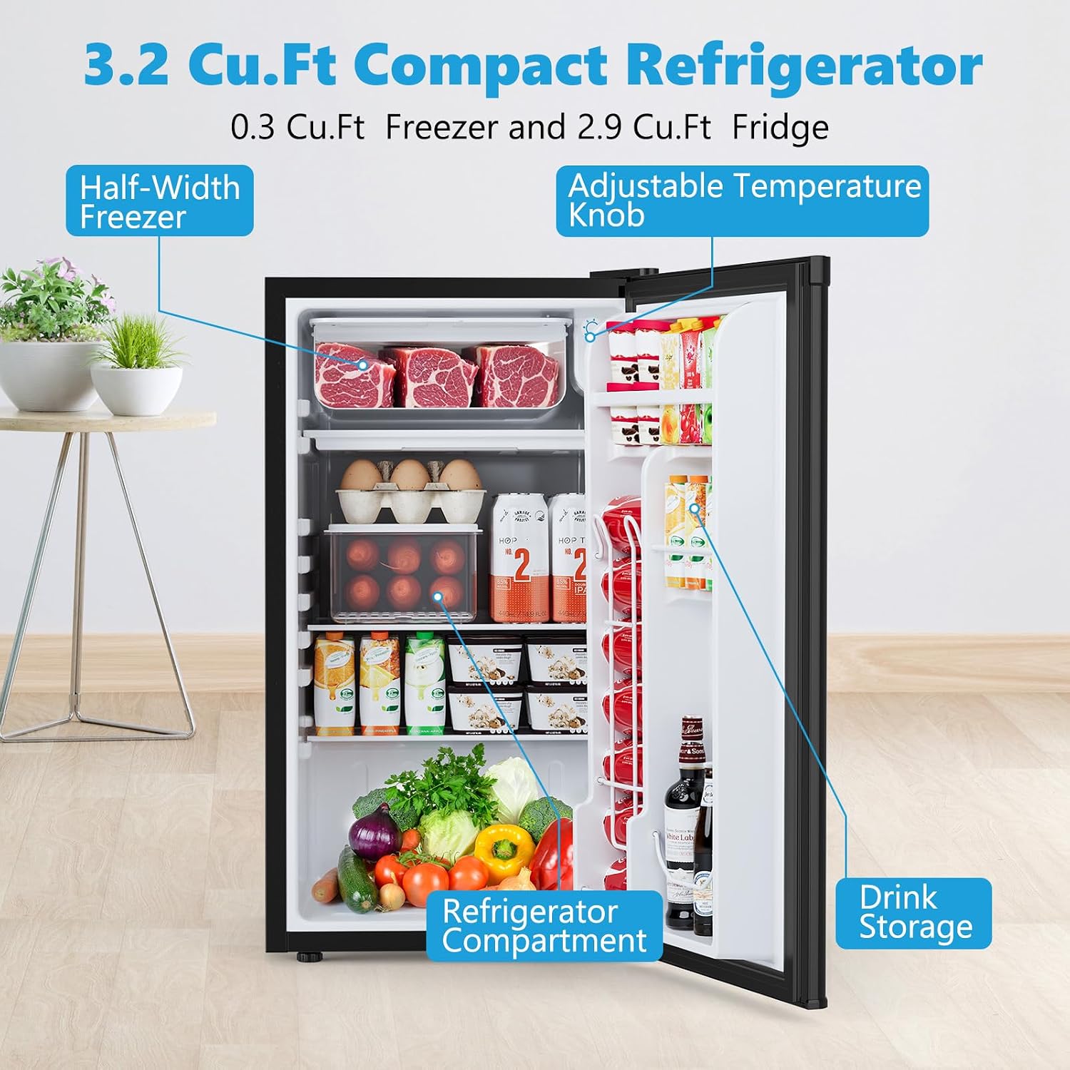 COWSAR 3.2 Cu.ft Mini Fridge with Freezer, Compact Dorm Refrigerator with Reversible Single Door, Adjustable Thermostat, Energy Saving, Perfect for Office, Dorm, Bedroom, Home, Black
