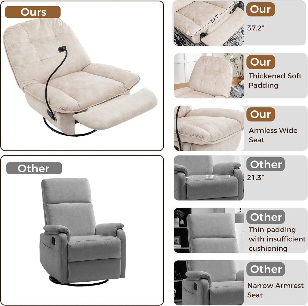 Swivel Rocker Recliner Chair for Adult, Glider Nursery Rocking Chair, Armless Manual Single Recliner Sofa for Living Room, Oversized & Overstuffed, Phone Holder Included, Beige Velvet