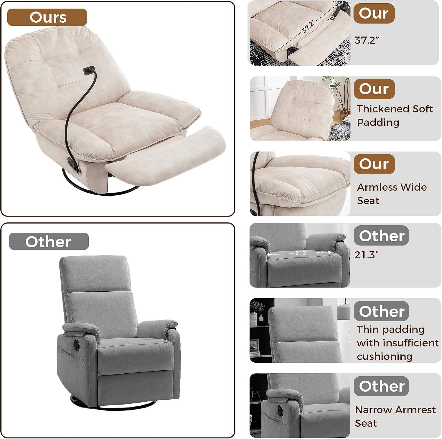 Swivel Rocker Recliner Chair for Adult, Glider Nursery Rocking Chair, Armless Manual Single Recliner Sofa for Living Room, Oversized & Overstuffed, Phone Holder Included, Beige Velvet