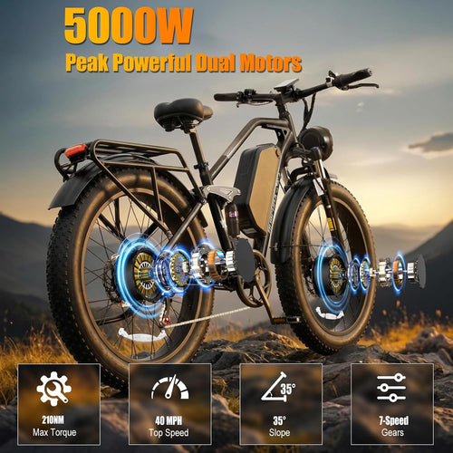 2026 Dual Motor Electric Bike for Adults AWD 5000W/3000W Peak 40 MPH/30 MPH E Dirt Bike, 52V/48V Removable Battery 65/80/150 Miles Max Long Range with Full Suspension 26' Fat Tires Mountain Bike