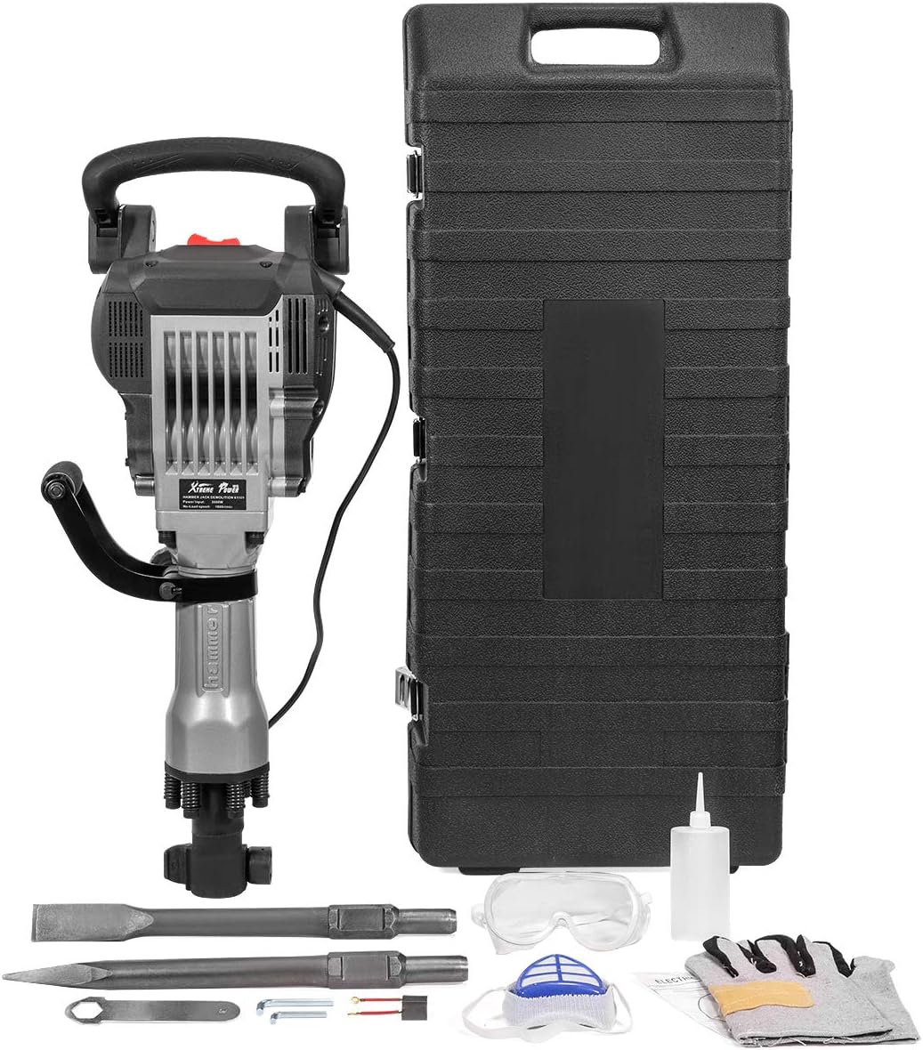 XtremepowerUS 3600W Electric Demolition Jack Hammer Point Chisel Bits Construction Concrete Breaker Punch Drill DIY Floor Drill 2 Chisel Bits (Flat Chisel & Point Chisel) with Case