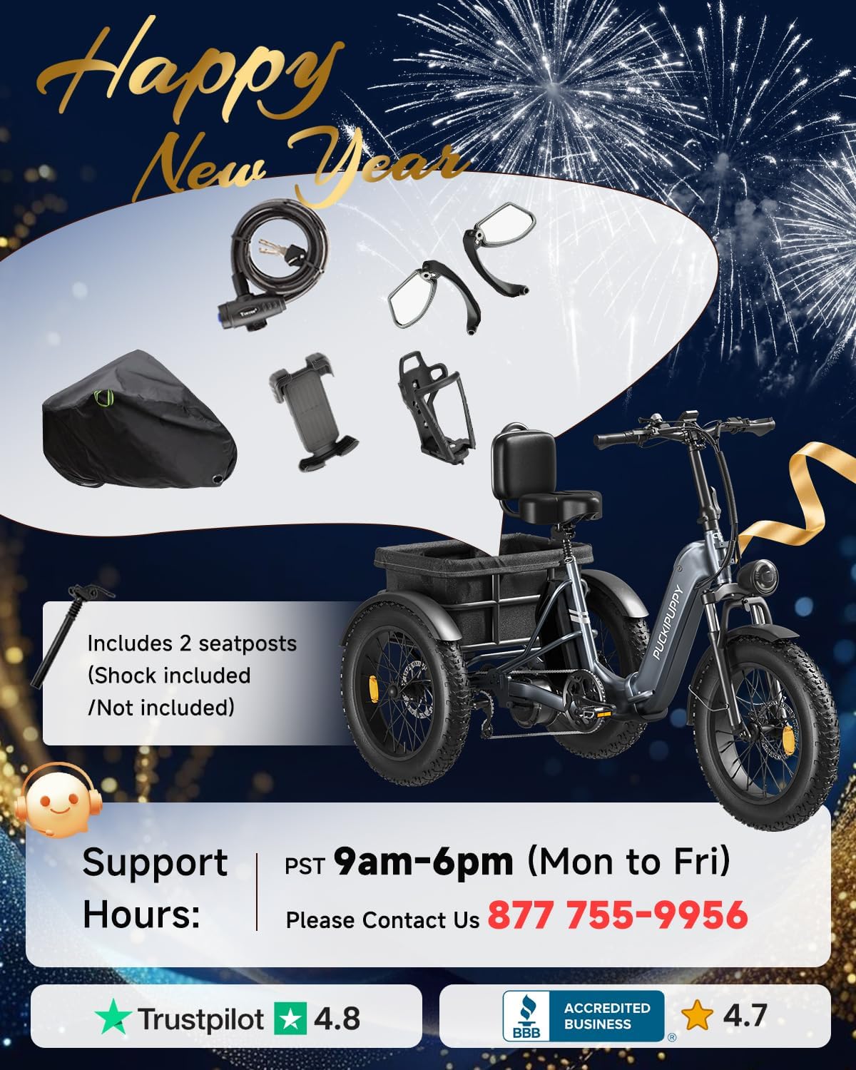PUCKIPUPPY Electric Tricycle for Adult with 48V 17.4AH Cell Battery, 60 Miles Range Pickup Class Trike, 500 Lbs Load Electric Trike with Rear Differential and 20' Fat Tires, 960W Peak Motor, Husky
