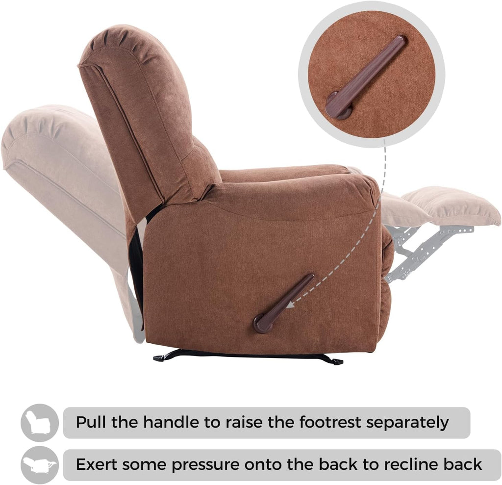 CANMOV Rocker Recliner Chair, Manual Recliner Chair with Overstuffed Back and Arms for Adults, Nursery Rocking Glider Reclining Single Sofa for Living Room, Brown