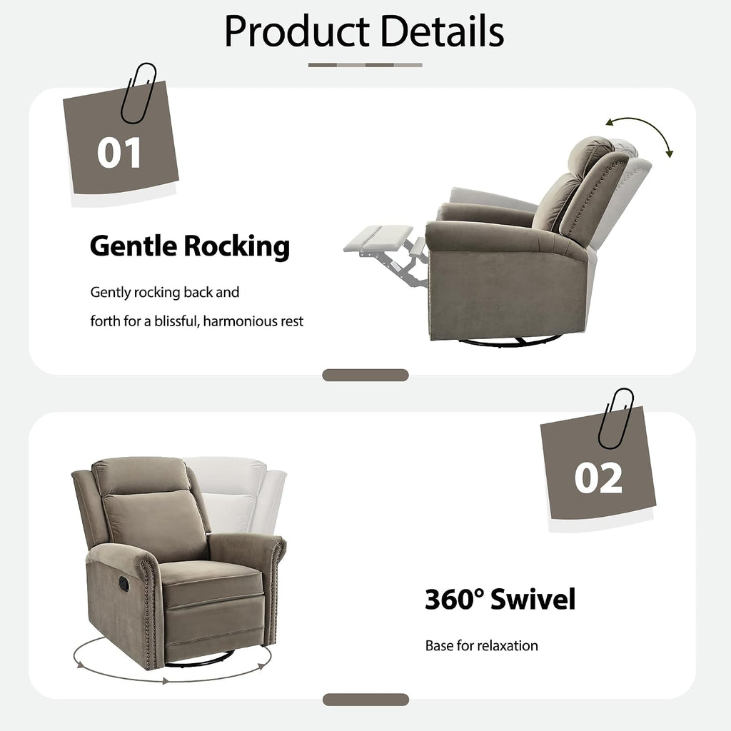 JIVOIT 360° Swivel Recliner Chair with Adjustable Backrest, Manual Rocking Recliner Home Theater Manual Recliner Chair with Metal Base and Velvet Fabric for Living Room (Light Brown, 2)