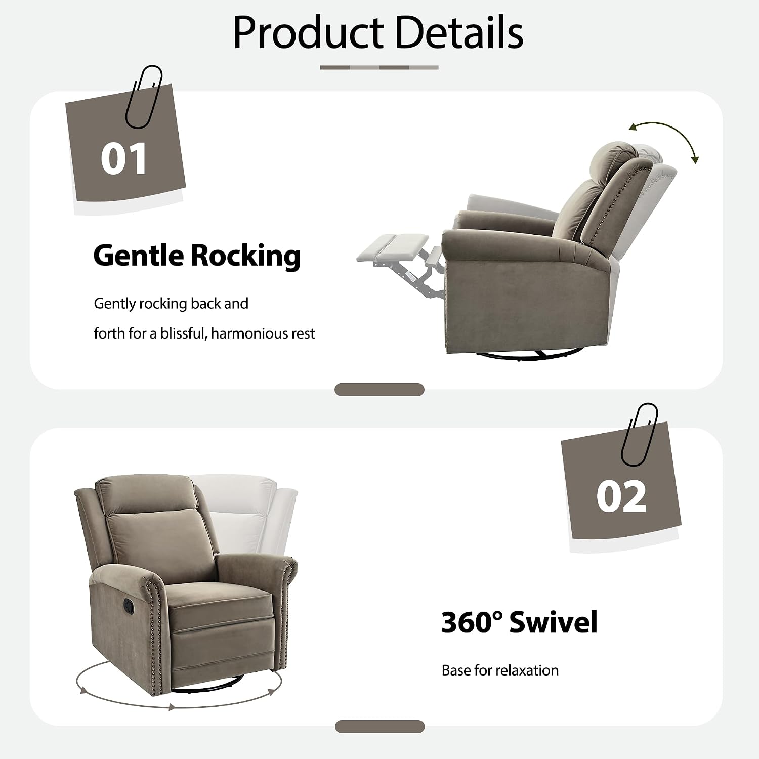 JIVOIT 360° Swivel Recliner Chair with Adjustable Backrest, Manual Rocking Recliner Home Theater Manual Recliner Chair with Metal Base and Velvet Fabric for Living Room (Light Brown, 2)