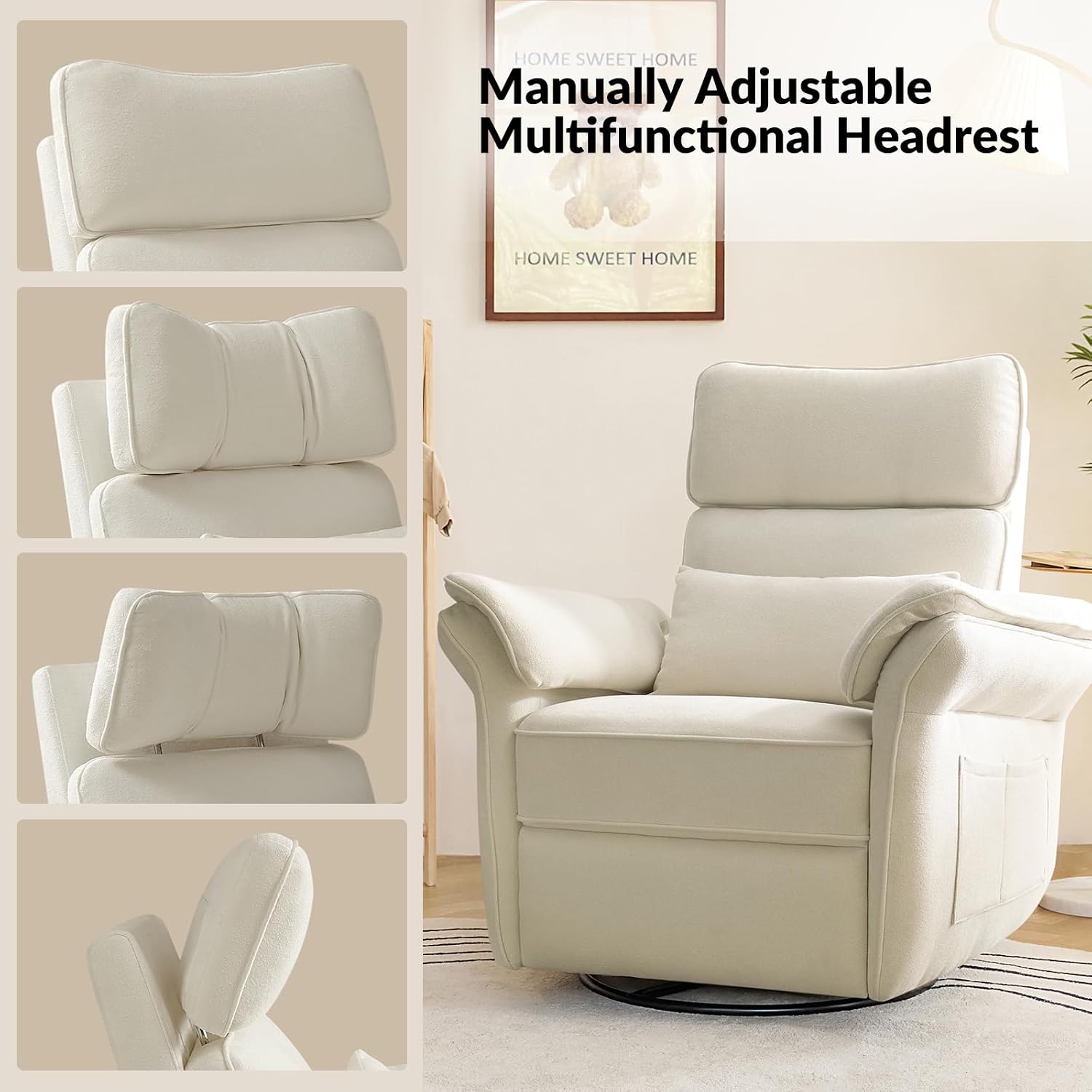 HULALA HOME Nursery Glider Recliner with Adjustable Headrest and Armrests, Power Swivel Rocker Recliner Chair with USB Port and Storage Bags, GREENGARD, FSC, CertiPUR-US® Certified, Beige