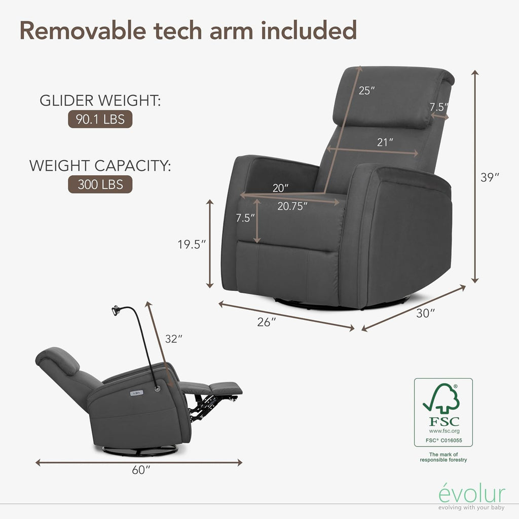 Evolur Maverick Upholstered Power Glider Recliner with Device Holder – Swivel, Rocking & Smooth Power Recline – Greenguard Gold & FSC Certified, Modern Nursery and Living Room Chair in Tempered Grey