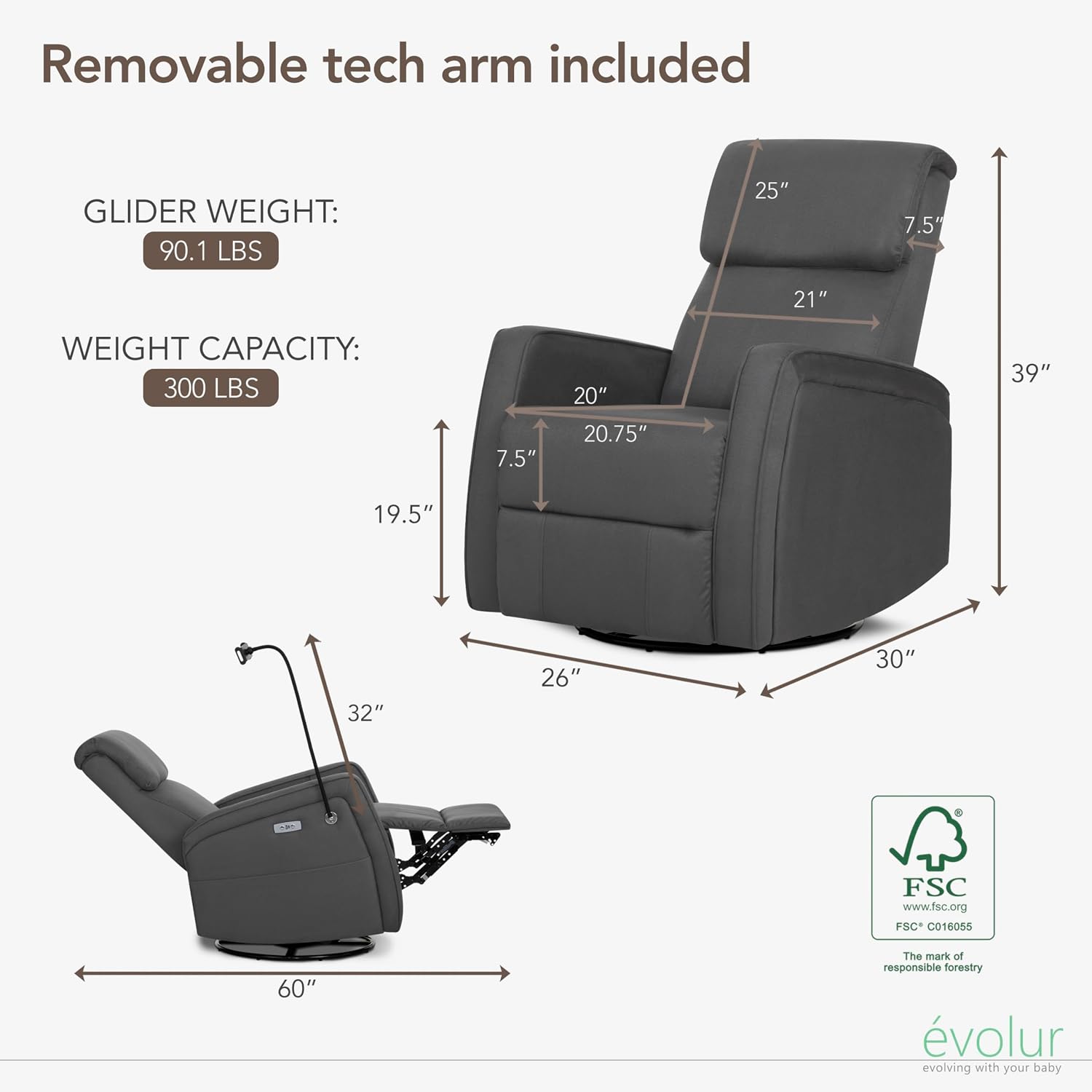Evolur Maverick Upholstered Power Glider Recliner with Device Holder – Swivel, Rocking & Smooth Power Recline – Greenguard Gold & FSC Certified, Modern Nursery and Living Room Chair in Tempered Grey