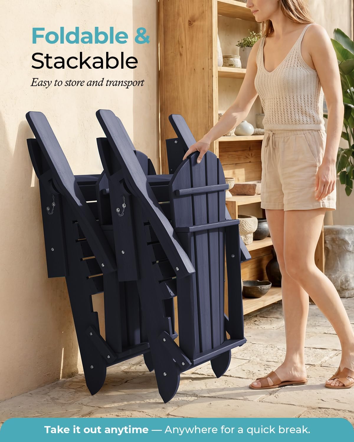 Ciokea Folding Adirondack Chair Wood Texture, Patio Adirondack Chair Weather Resistant, Plastic Fire Pit Chair with Cup Holder, Lawn Chair for Outdoor Porch Garden Backyard Deck, Dary Navy Blue