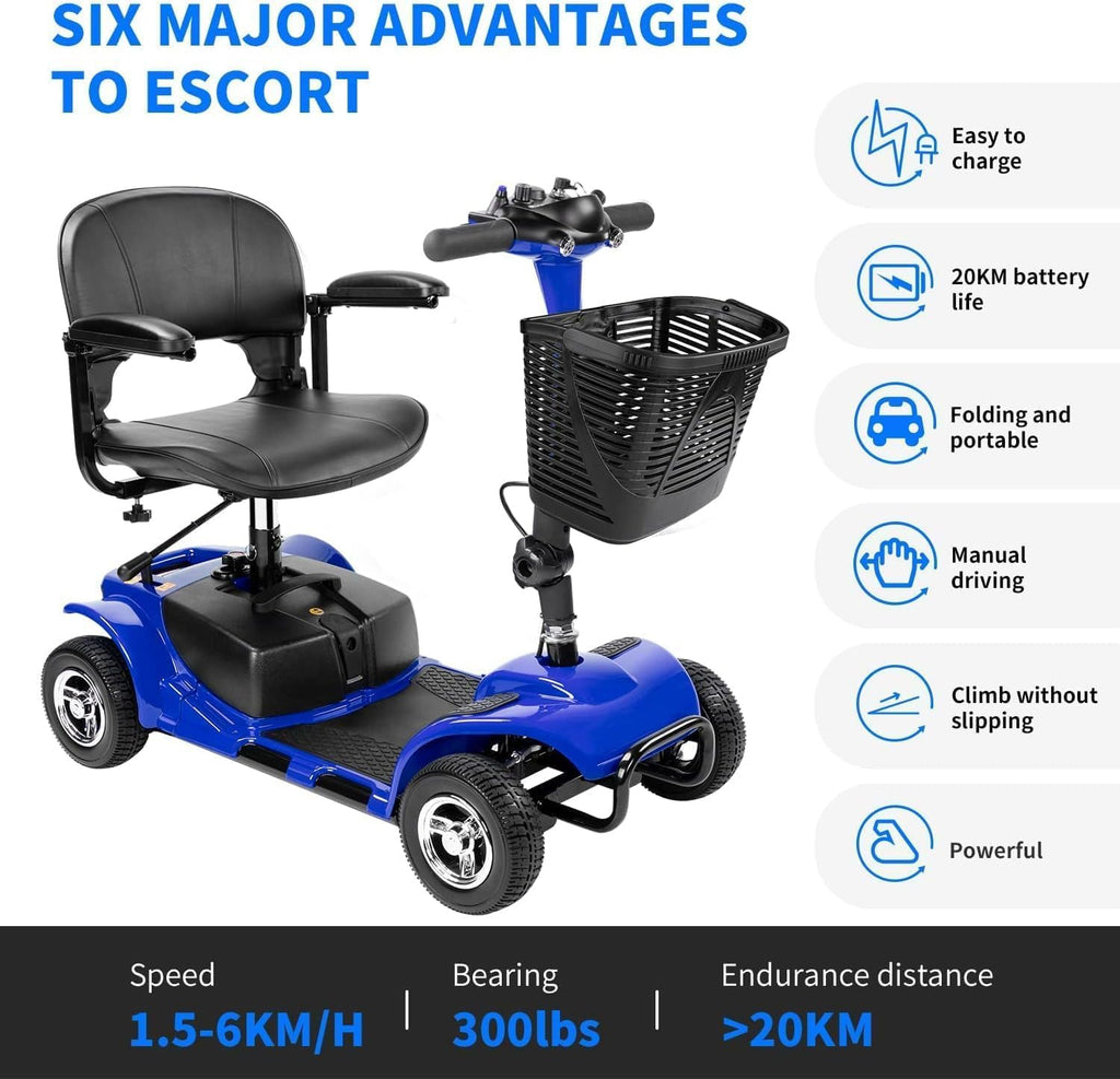 4 Wheel Mobility Scooters for Adults，Collapsible Compact Electric Scooter，Heavy Duty Powered Mobile Wheelchair Device with Lights，Basket and Long-Lasting Battery（Blue）