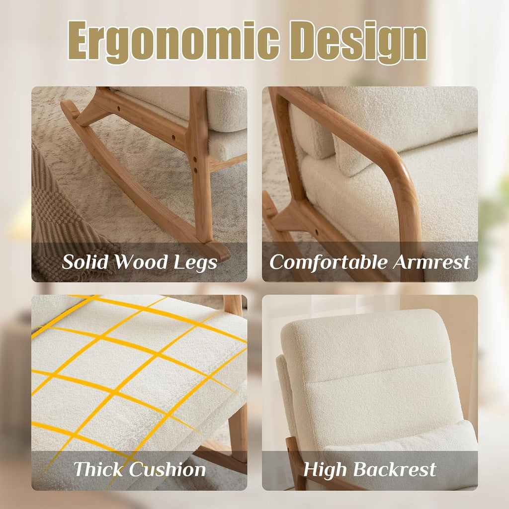 Karl home Nursery Rocking Chair Removable Glider Rocker High Backrest Rocking Armchair Mid-Century Accent Chair with Lumber Pillow for Bedroom, Living Room, Nursery, Creamy-White
