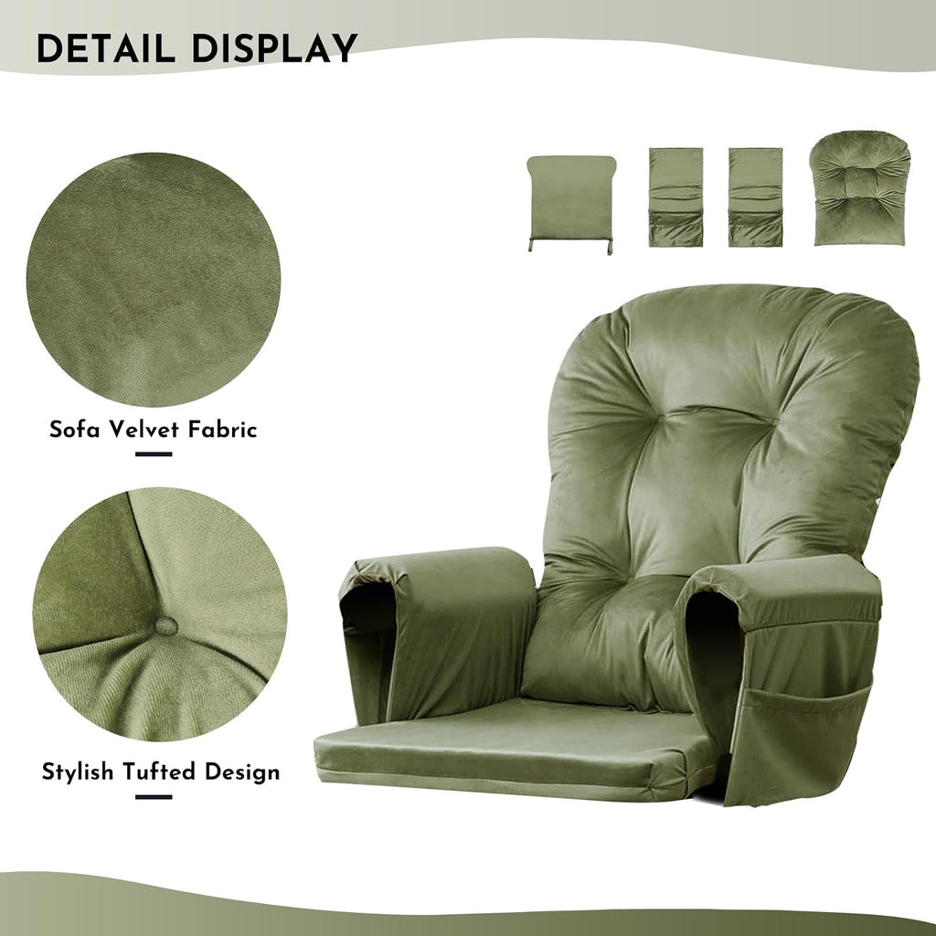 Lucky Monet 5Pcs Glider Rocker Replacement Cushions - Velvet Glider Cushions Replacement Set with Side Storage Pockets, Thick Glider Chair Cushions Washable & Non Slip, Cushion ONLY - Green
