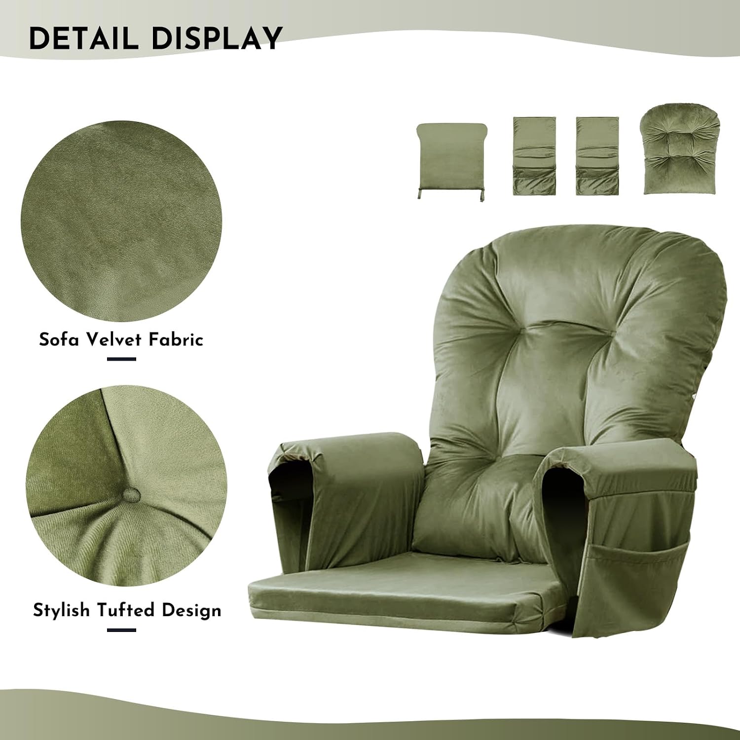 Lucky Monet 5Pcs Glider Rocker Replacement Cushions - Velvet Glider Cushions Replacement Set with Side Storage Pockets, Thick Glider Chair Cushions Washable & Non Slip, Cushion ONLY - Green