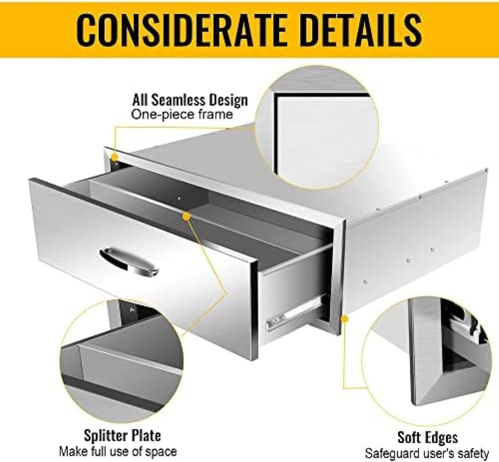 Outdoor Kitchen Drawer BBQ Drawer Outdoor Kitchen Access Drawers Horizontal- Stainless Steel Double Drawers for Outdoor Kitchen Grilling Station Or BBQ Island,30Wx23Dx10H