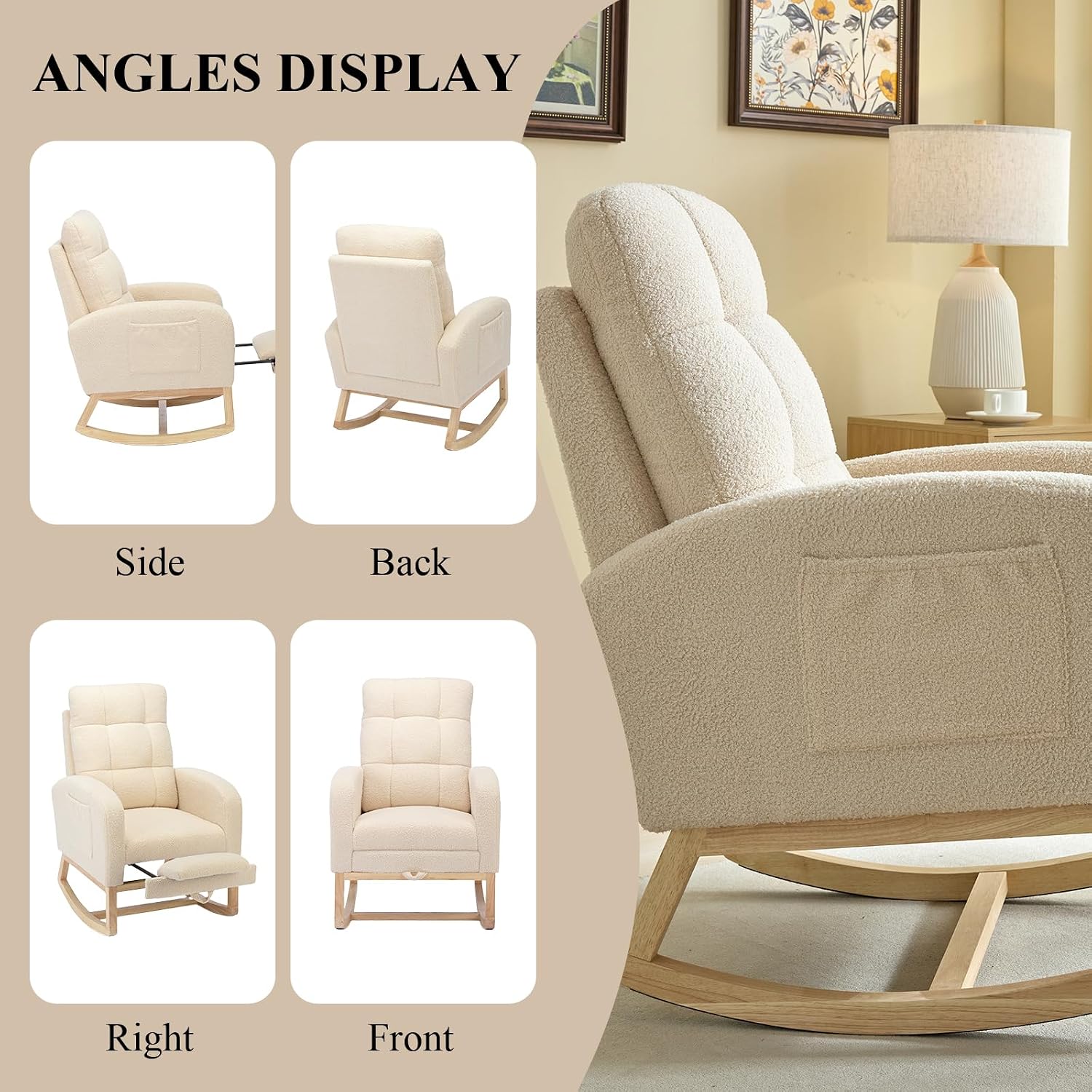 Nursery Rocking Chair, Polyester Upholstered Glider Chair with Footrest, Comfy Rocker Chair, Accent Chair with High Backrest, Glider Rocker, Armchair for Living Room (Beige Teddy)