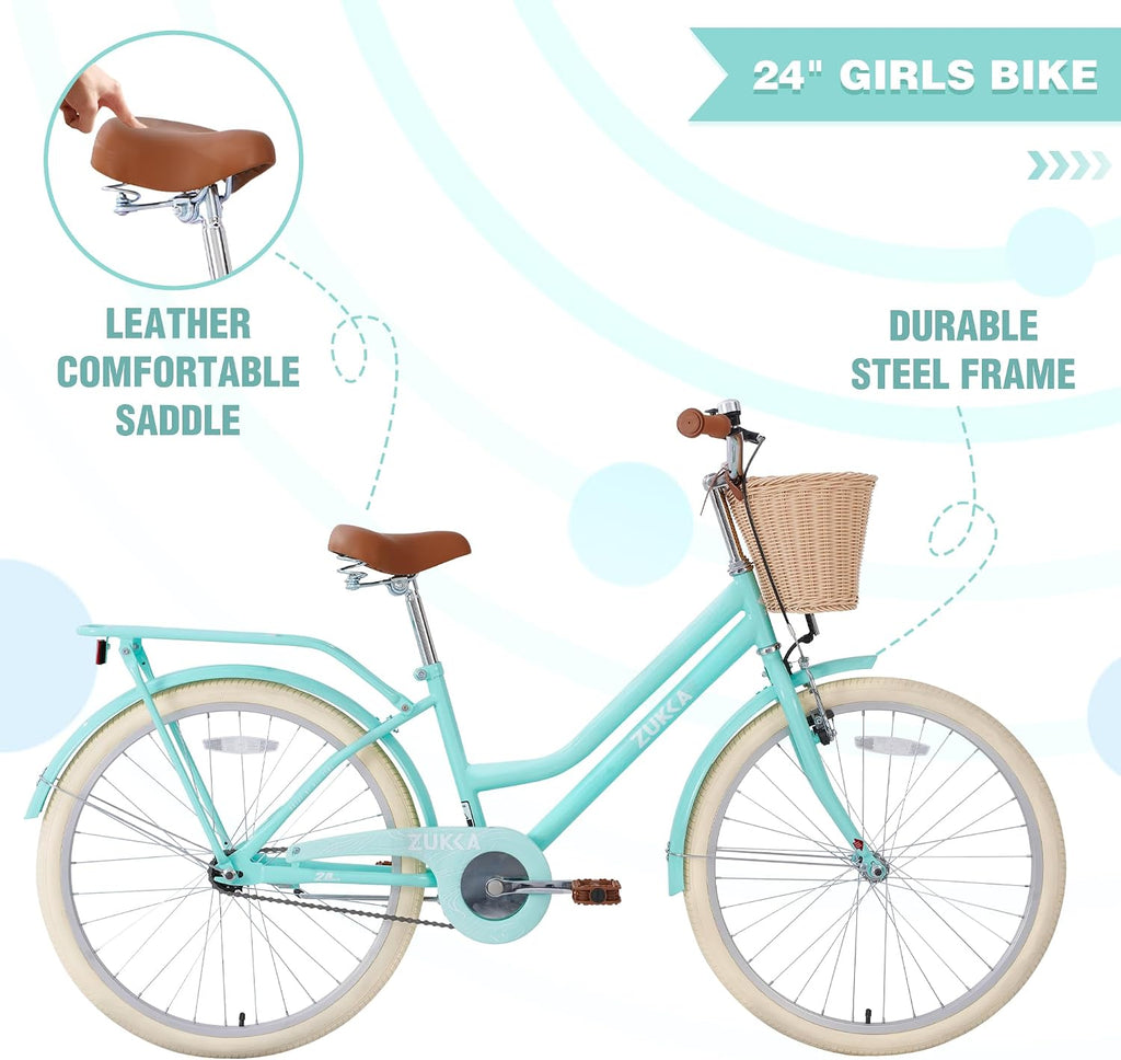 MEGHNA Cruiser Bike 20 inch/24 inch Wheels Girls Women Bike Single Speed Commuter Bike with Basket V-Brake and Coast Brake Women Ladys Bicycle, Multicolors