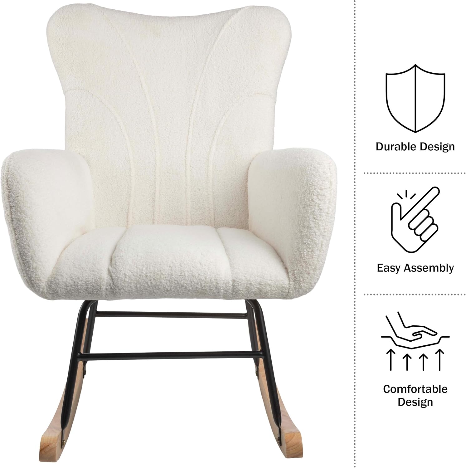 Lavish Home Rocking Chair - Teddy Fabric Upholstered Chair with Padded Seat and Contoured Armrests - Ergonomic Modern Rocker for Bedroom (Cream)