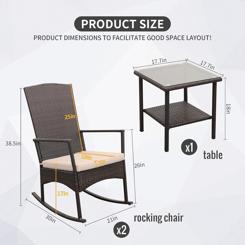 Outdoor HDPE Wicker Rocking Chair 3-Piece Patio Rattan Bistro Set 2 Rocker Armchair and Glass Coffee Side Table Furniture Washable Lacing Cushions, Khaki