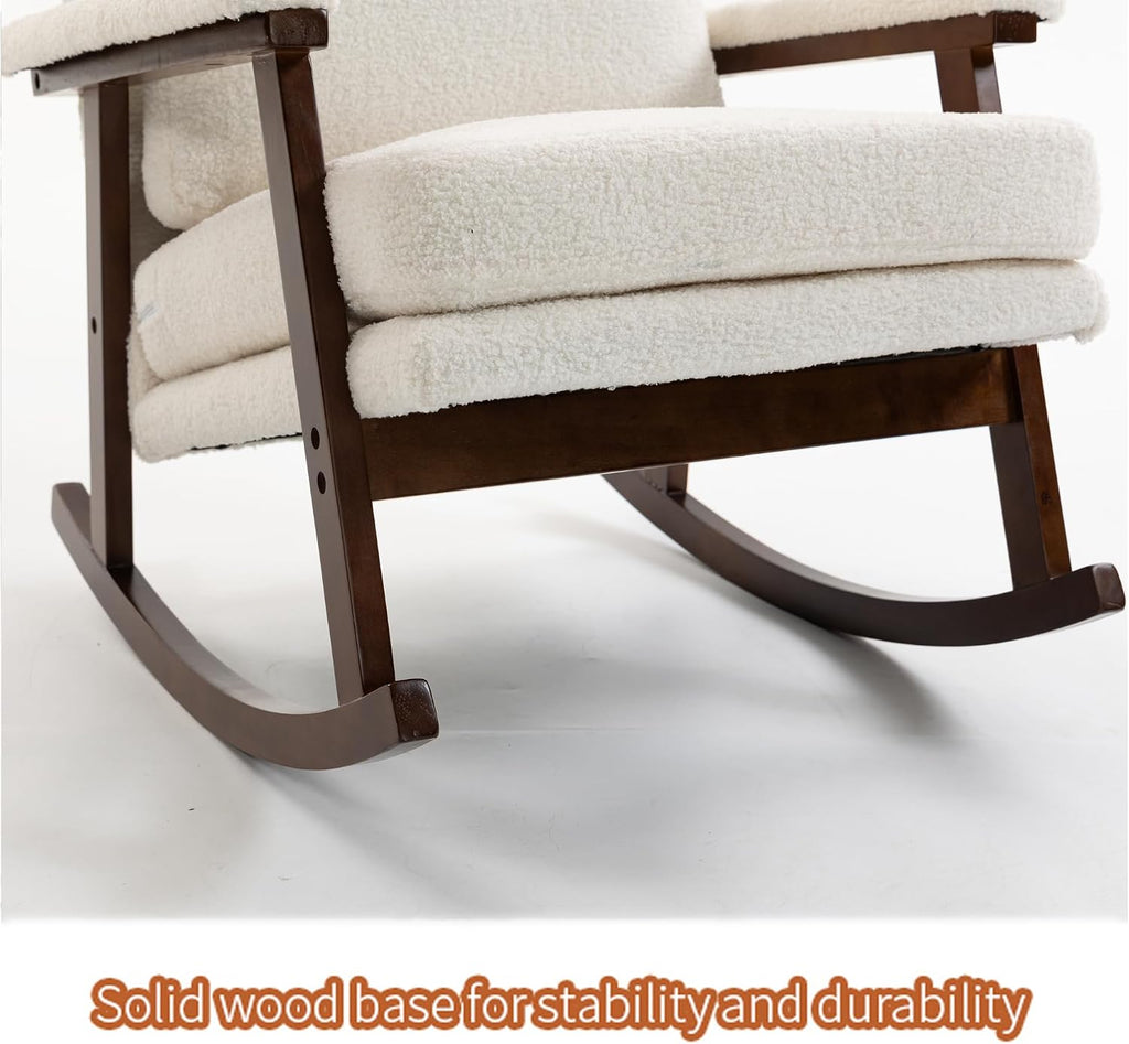 Nursery Rocking Chair Velvet Upholstered Accent Rocker Chair with Backrest Comfy Soft Rocker Glider Solid Rubber Wood Leg for Bedroom Living Room Nursing Room, Antique White