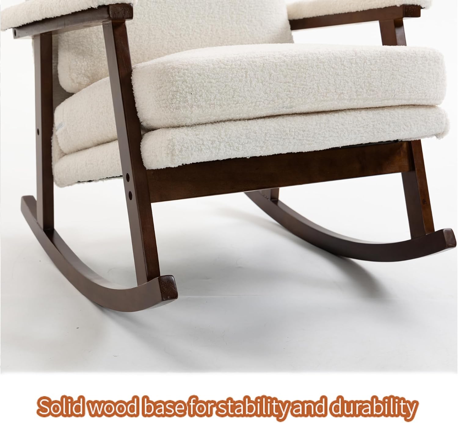 Nursery Rocking Chair Velvet Upholstered Accent Rocker Chair with Backrest Comfy Soft Rocker Glider Solid Rubber Wood Leg for Bedroom Living Room Nursing Room, Antique White