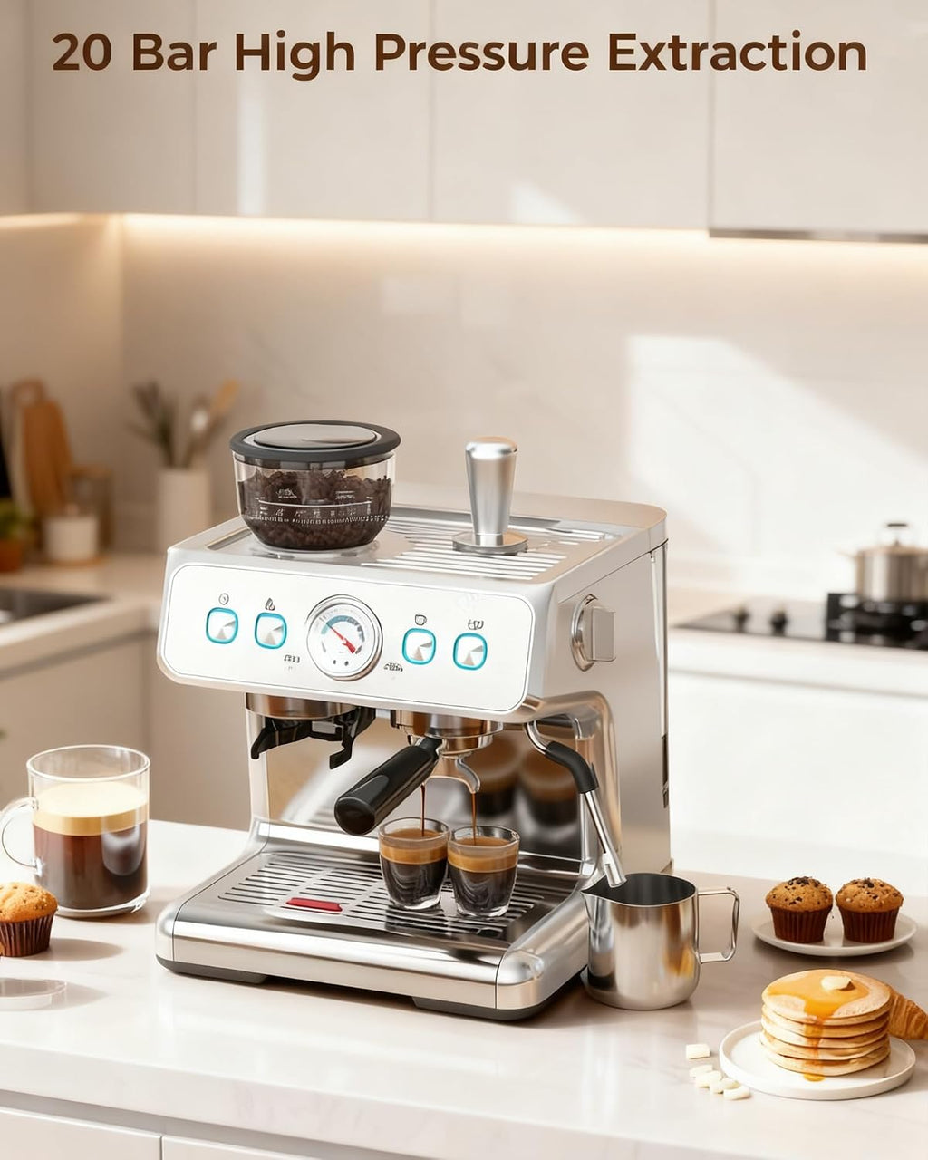 Electactic 20 Bar Espresso Machine with Grinder & Milk Frother, 58mm Expresso Coffee machines, Stainless Steel Coffee Maker for Cappuccino and Latte, Perfect for Home and Café Use-Single Boiler