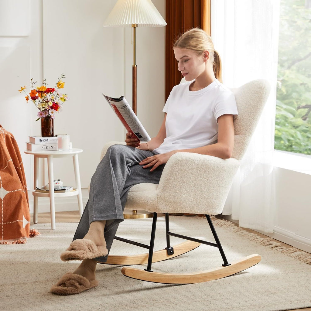 Rocking Chair, Upholstered Glider Rocker Accent Chair, Nnursery Rocking Chairs with High Backrest for Small Spaces, Indoor, Living Room, Bedroom, White