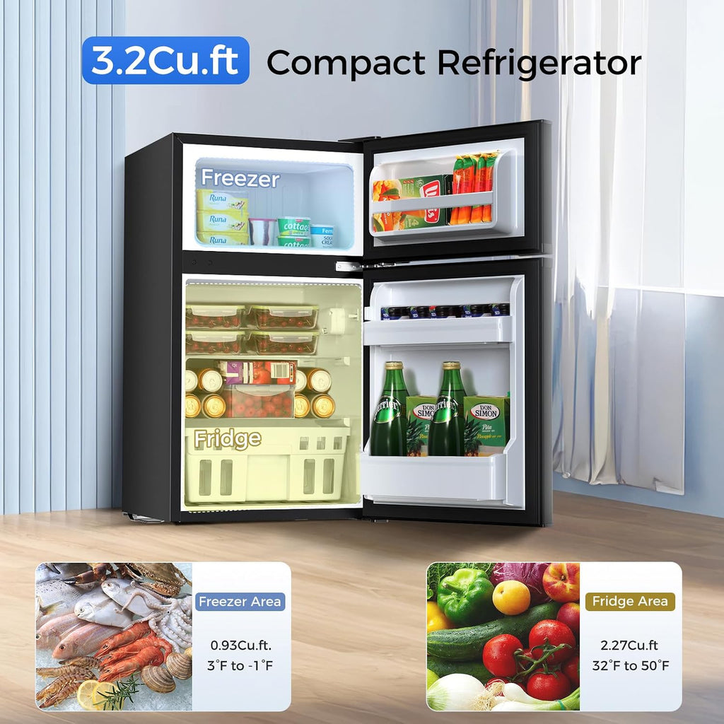 Kismile Mini Fridge with Freezer,3.2 Cu.Ft Compact Mini Refrigerator with Double 2 Door,Adjustable Temperature,Full Size for Home,Kitchen,Dorm,Apartment,Retro Black