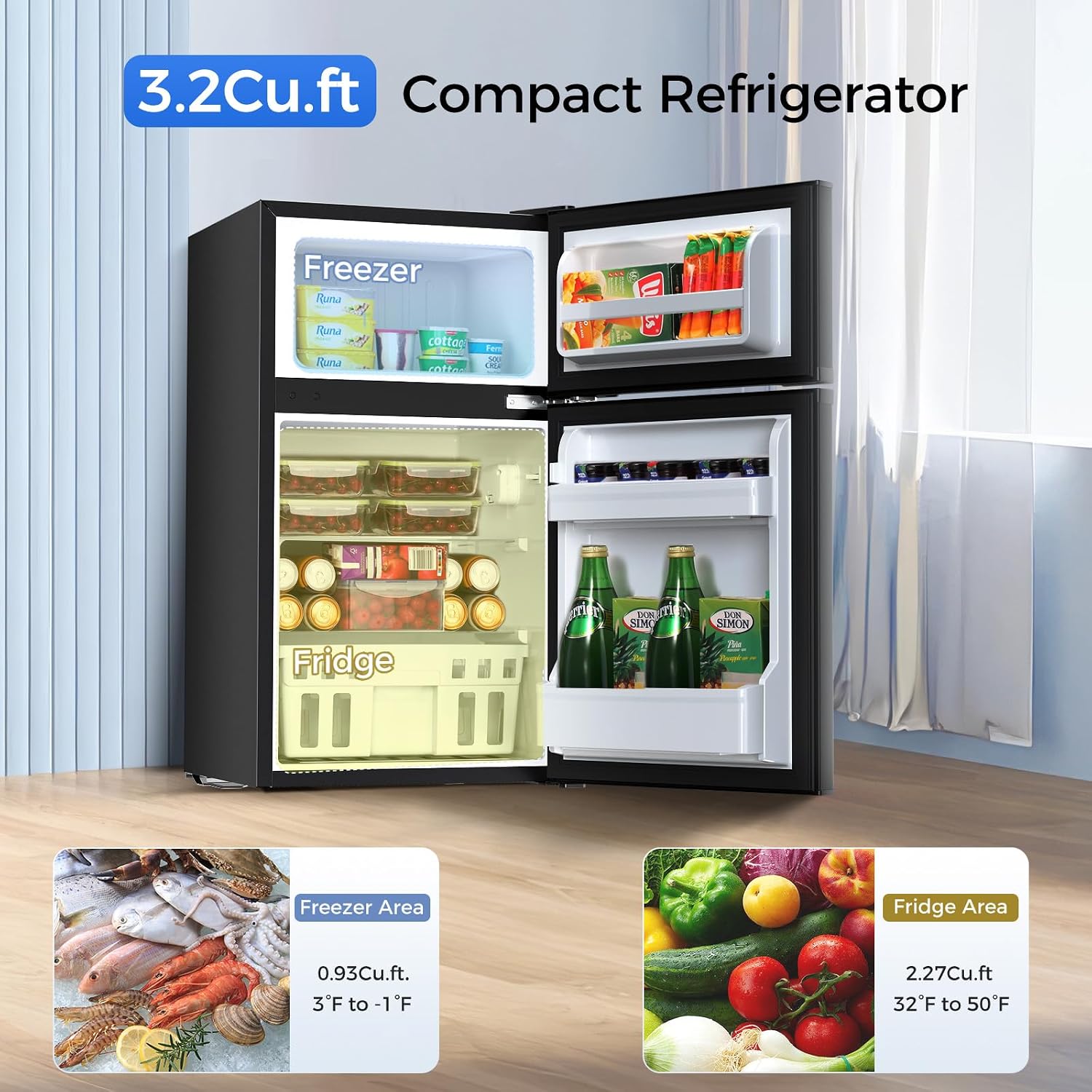Kismile Mini Fridge with Freezer,3.2 Cu.Ft Compact Mini Refrigerator with Double 2 Door,Adjustable Temperature,Full Size for Home,Kitchen,Dorm,Apartment,Retro Black