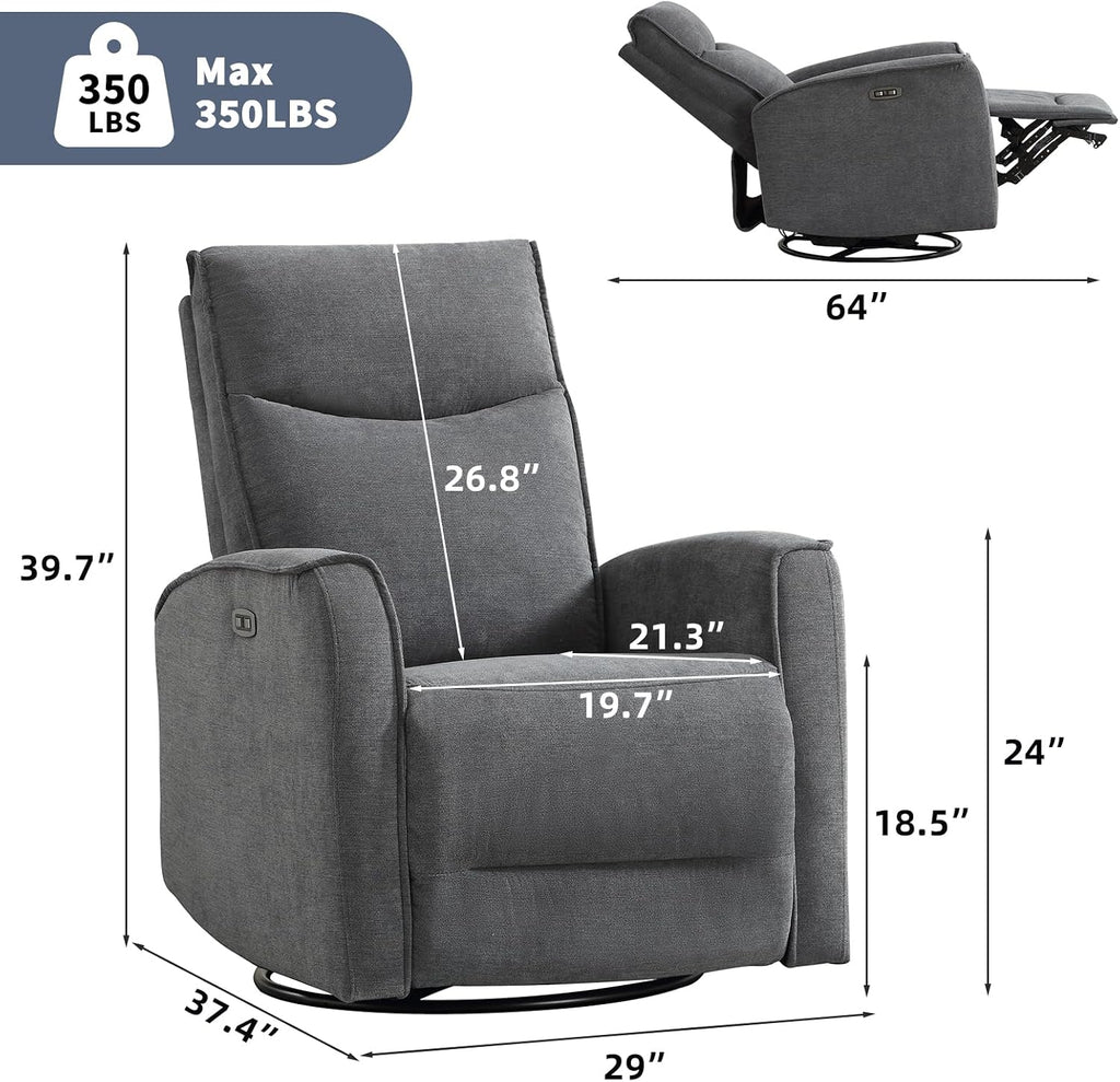 ANJ Power Rocker Recliner Chair with USB Ports, Electric 270° Swivel Glider Recliners, Upholstered Leathaire Rocking Reclining Sofa Nursery Recliner for Living Room, Bedroom (Smoke Gray)