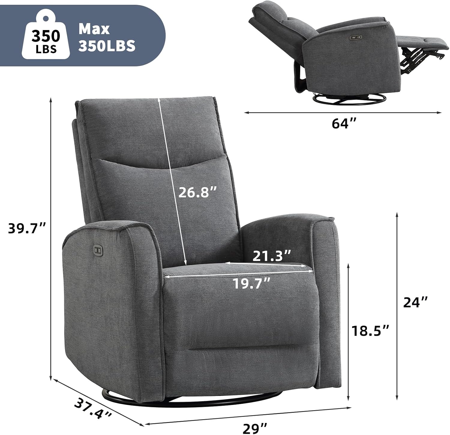 ANJ Power Rocker Recliner Chair with USB Ports, Electric 270° Swivel Glider Recliners, Upholstered Leathaire Rocking Reclining Sofa Nursery Recliner for Living Room, Bedroom (Smoke Gray)