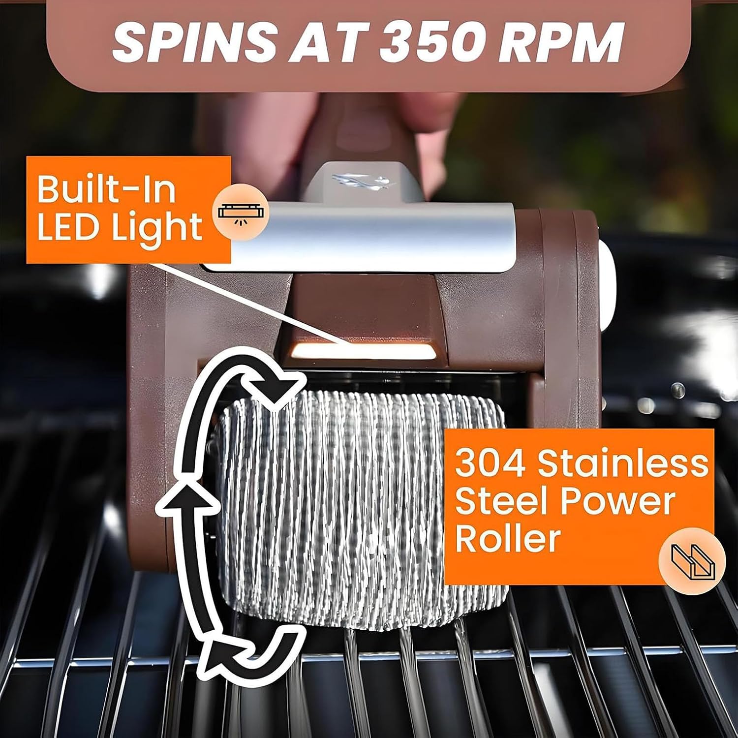 Rechargeable Grill Cleaner with 2pcs Stainless Roller & BBQ Air Blower, Cordless Spinning Grill, Brush, 350 RPM, LED Light, No Bristles, No Preheating, BBQ Tool for Outdoor Camping
