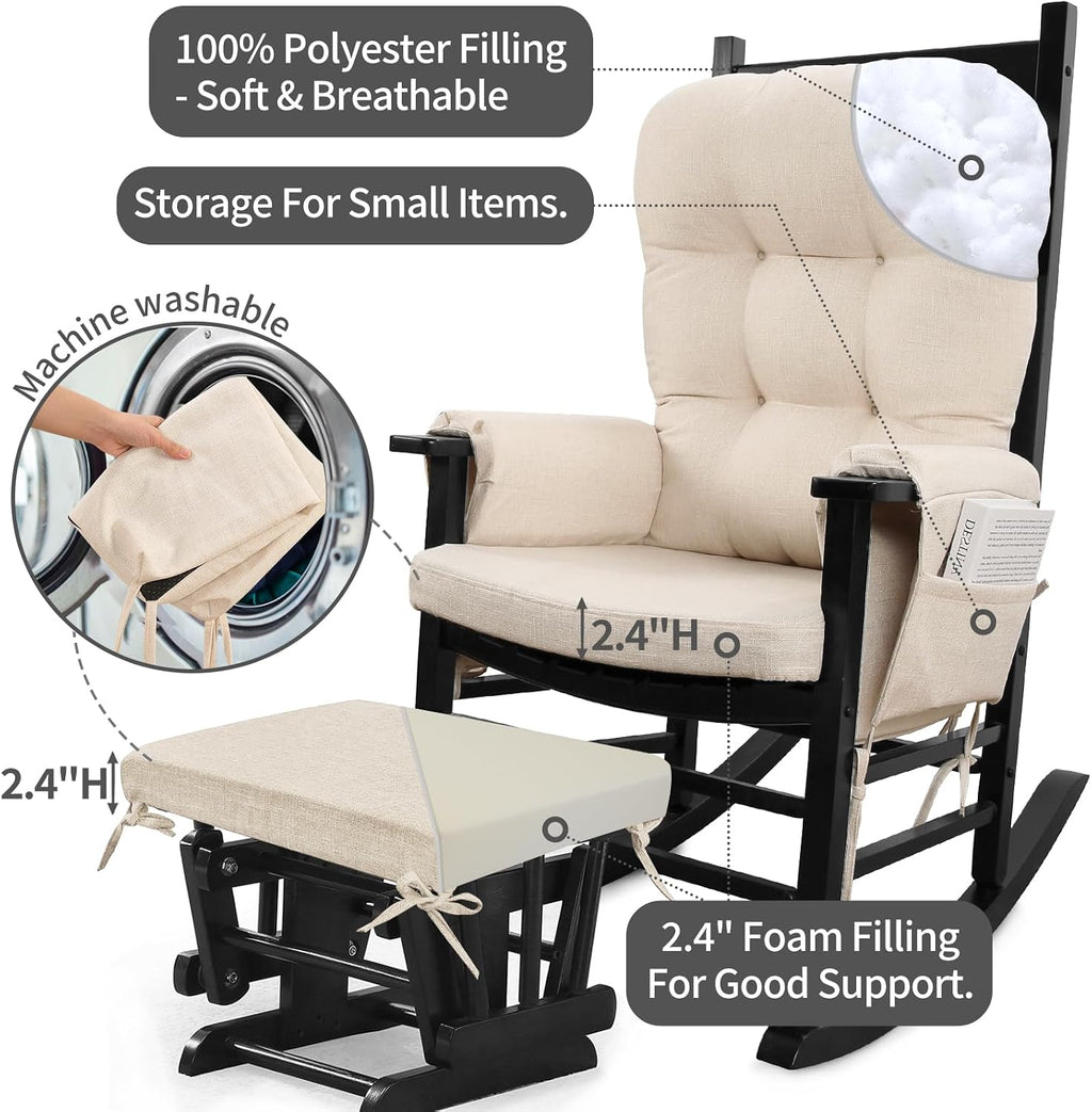 BUYUE Glider Rocker Replacement Cushion 5 PCS with Ties, Linen High-Density Foam Non-Slip & Washable Rocking Chair Pads for Sitting, Beige