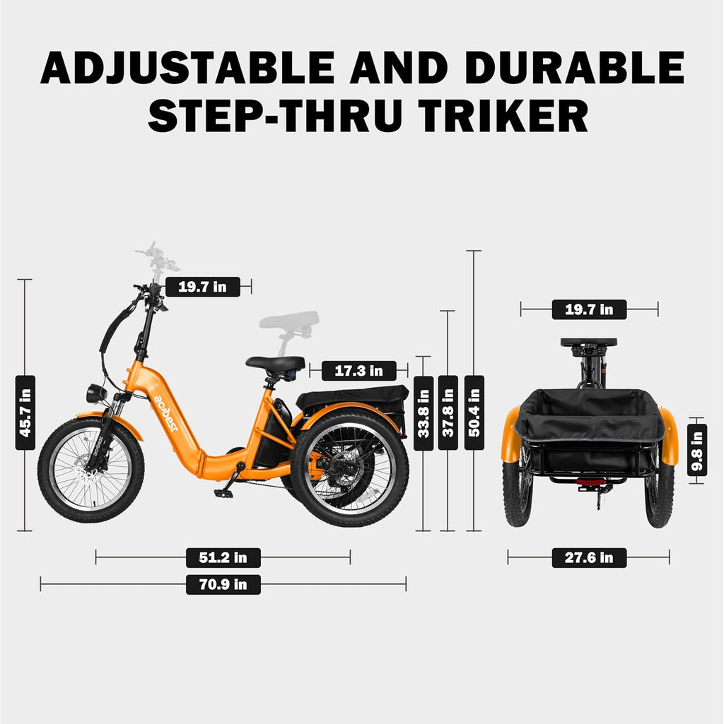 ACTBEST Triker Electric Bike, Peak 1200W Brushless Motor Folding Trike Ebike, 748.8Wh Removable Battery,Up to 70 Miles,Step-Thru 3 Wheel Electric Bicycle,20X3.0 Fat Tire Tricycle for Adults
