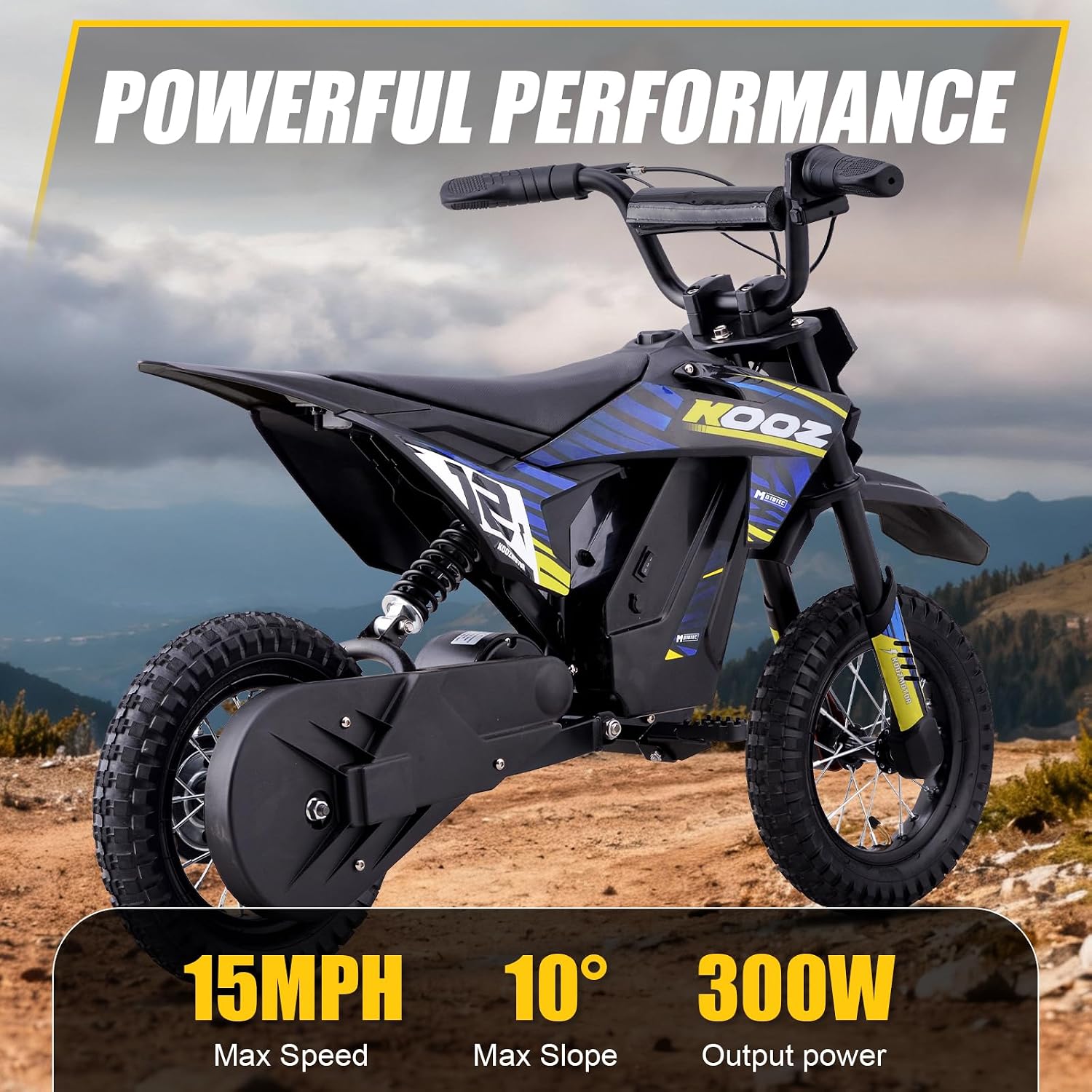 KOOZ 36V 300W Electric Dirt Bike for Kids - 3 Speed Modes Electric Motorcycle Up to 15.5 MPH & 14 Miles Long-Range, Shock Absorber & Rear Brake, 12' Sturdy Tire Gift for Kids