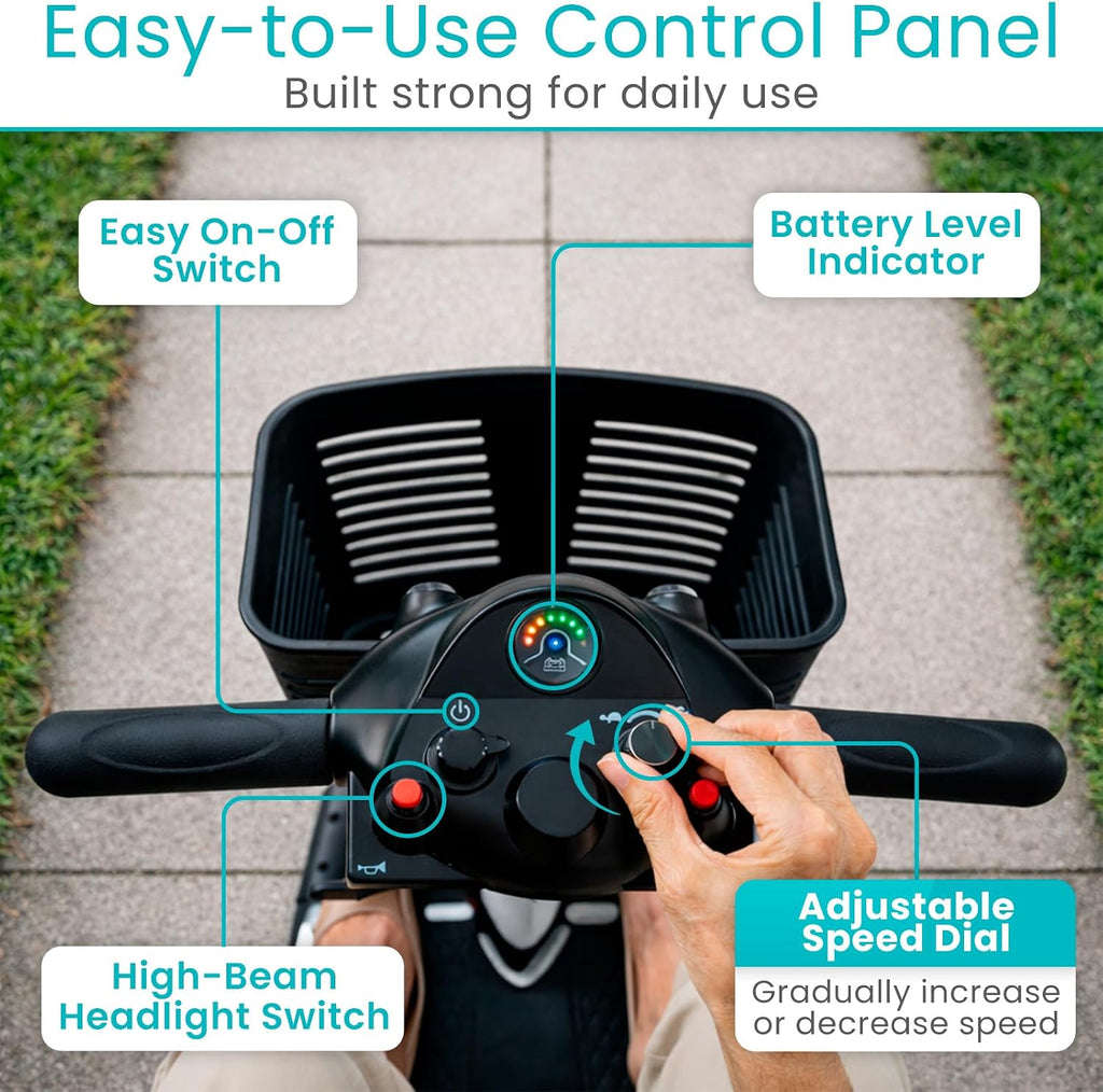 Vive 3 Wheel Mobility Scooter - Electric Powered Mobile Wheelchair Device for Adults - Folding, Collapsible and Compact for Travel - Long Range Power Extended Battery with Charger and Basket Included