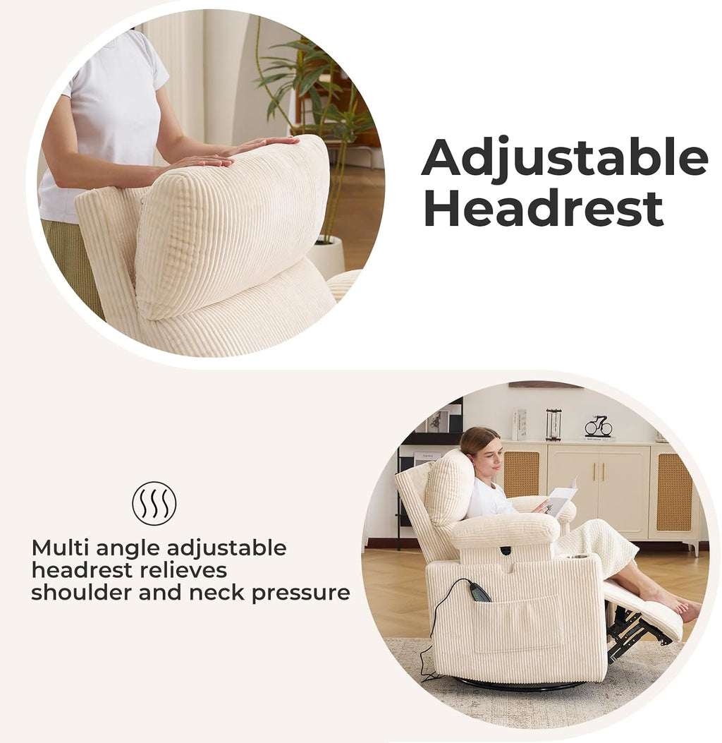Oversized Power Recliner Chair Swivel Glider with Massage and Heat, Swivel Rocker Recliner with Adjustable Armrests, Nursery Chair with Adjustable Headrest, Rocker Nursery Recliner, Corduroy Beige