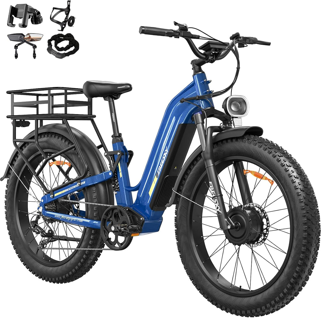 FREESKY Ranger AIR Dual Motor Electric Bike for Adults, 3500W 200NM Fast Ebike,105Miles Long Range E Bike,Full Suspension Electric Mountain Bike, 26'' Fat Tire Electric Bicycle for Man Womens Hunters