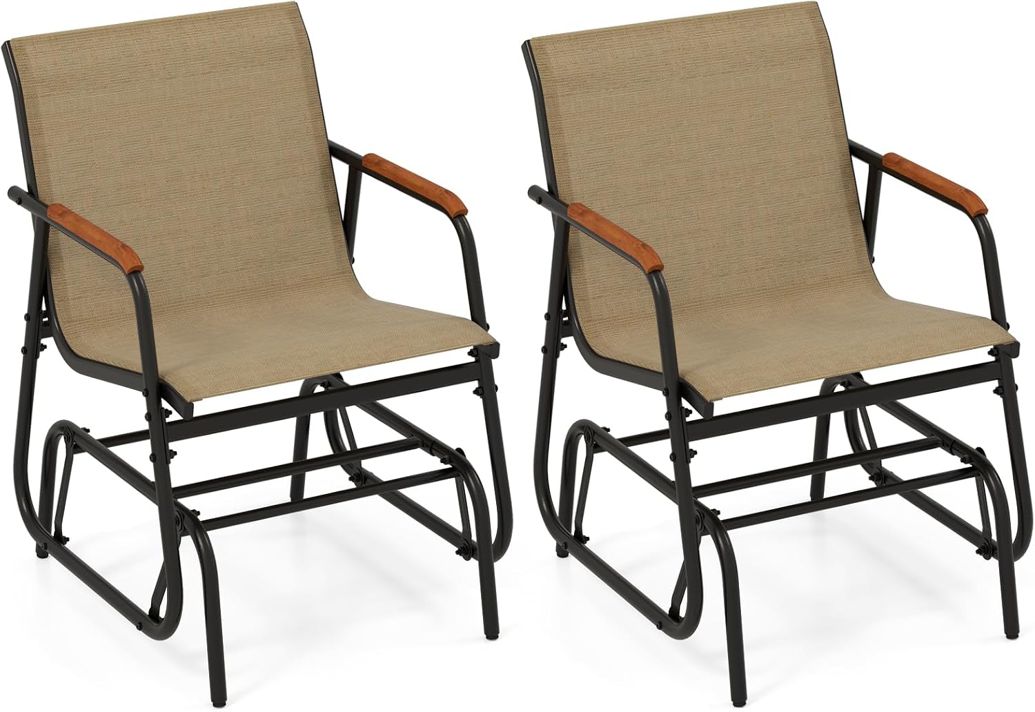 Tangkula Patio Glider Chair, Swing Gliding Armchair w/Curved Teak Armrests & Breathable Fabric Seat, Outdoor Metal Frame Rocking Chair Set for Porch, Backyard, Poolside (2 Pack)