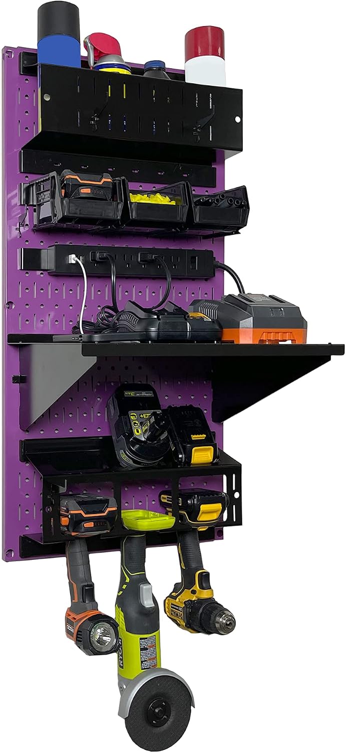Wall Control Power Tool Storage Organizer Kit Cordless Drill Holder Charging Station Rack 16' x 32' Metal Pegboard Organization System (Purple Pegboard)