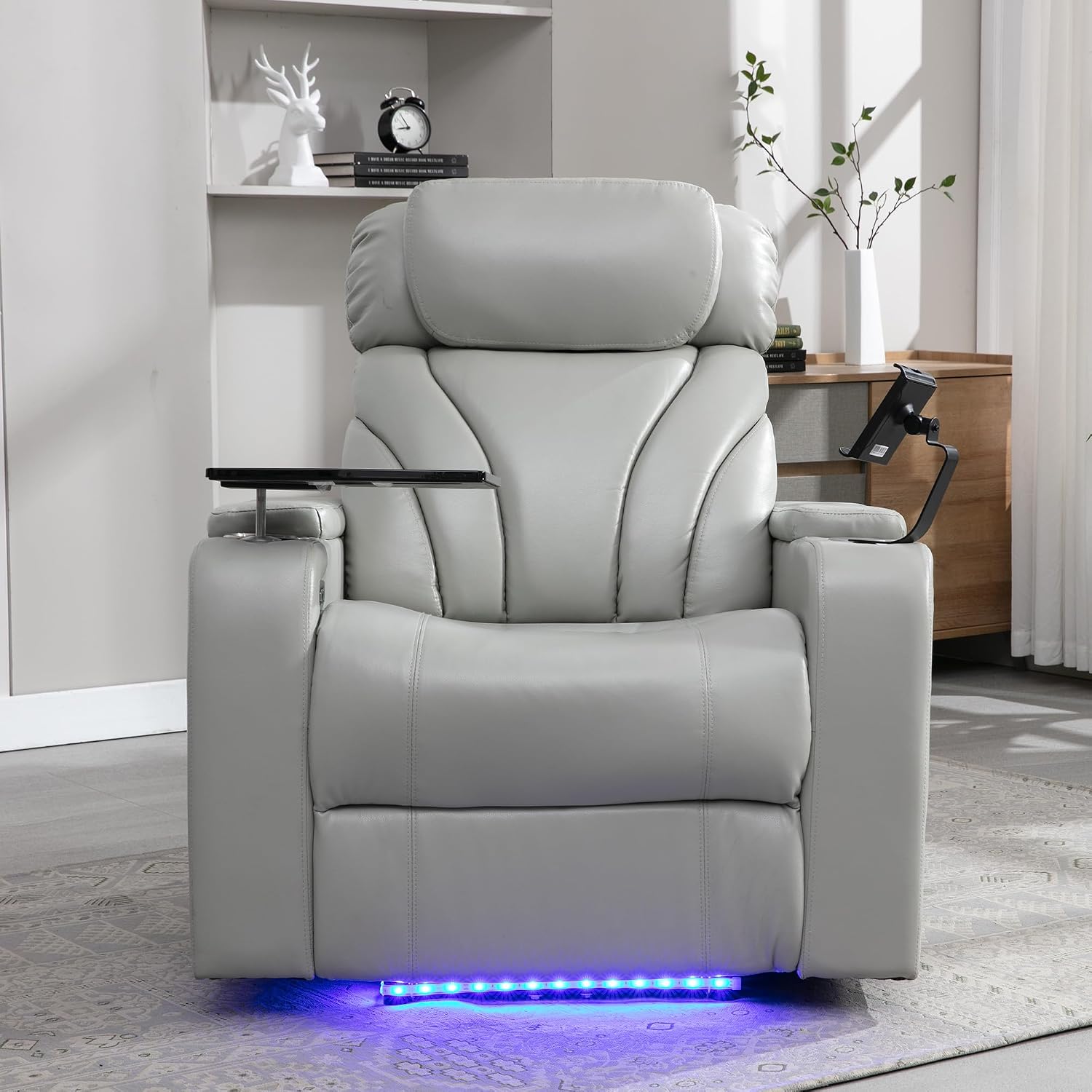 JIVOIT Power Motion Recliner Electric Power Recliner with Hidden Arm Storage, Cup Holder, Phone Holder, Tray Table, Faux Leather Rocker Chair for Small Spaces (Light Grey/78)