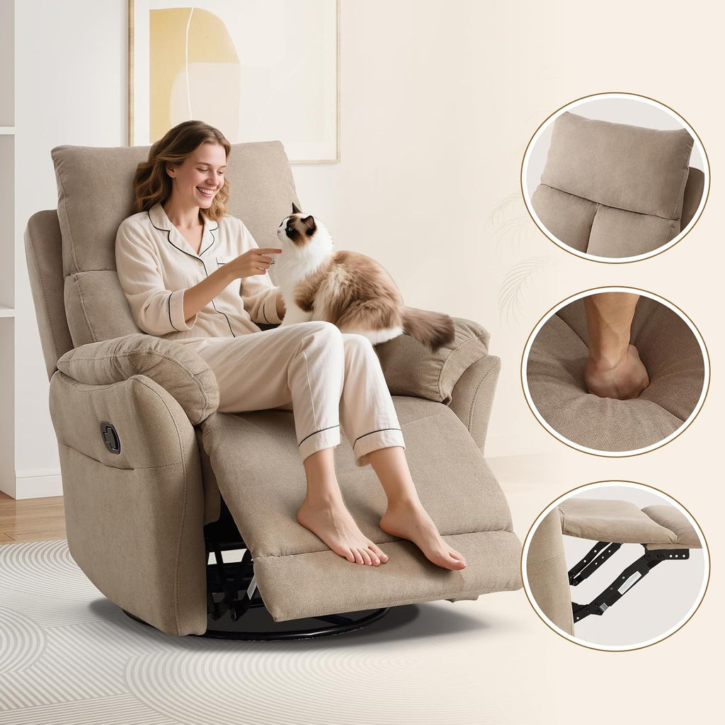 ANJ Swivel Rocker Recliner Rocking Chair Nursery, Manual Glider Rocking Chair for Adults, Modern Fabric Recliners, 360° Swivel Lazy Boy Recliner Chairs for Living Room, rv, Khaki