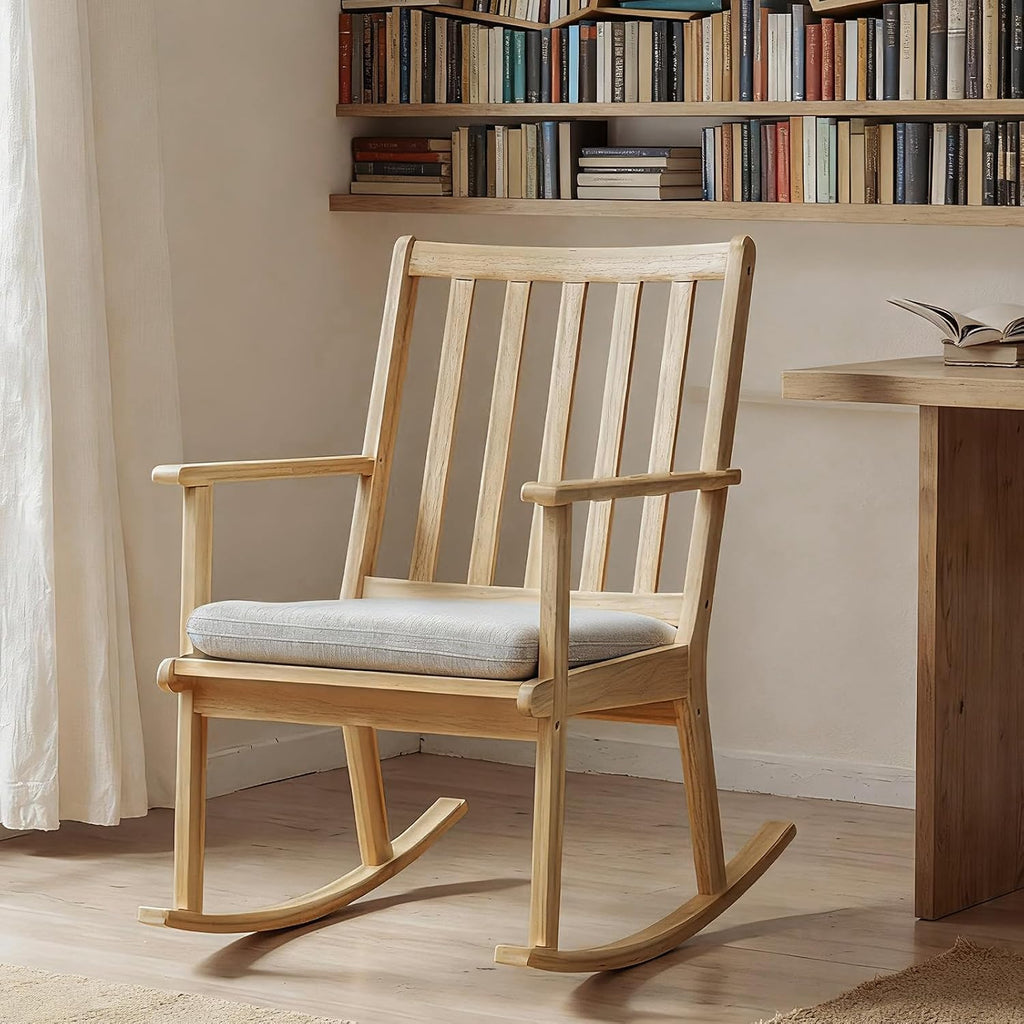 Giantex Rocking Chair with Cushion, Solid Rubber Wood Rocker w/Slatted High Back & Padded Seat, Indoor Rustic Accent Armchair for Living Room, Bedroom, Study, Nursery, Patio, Natural (2)