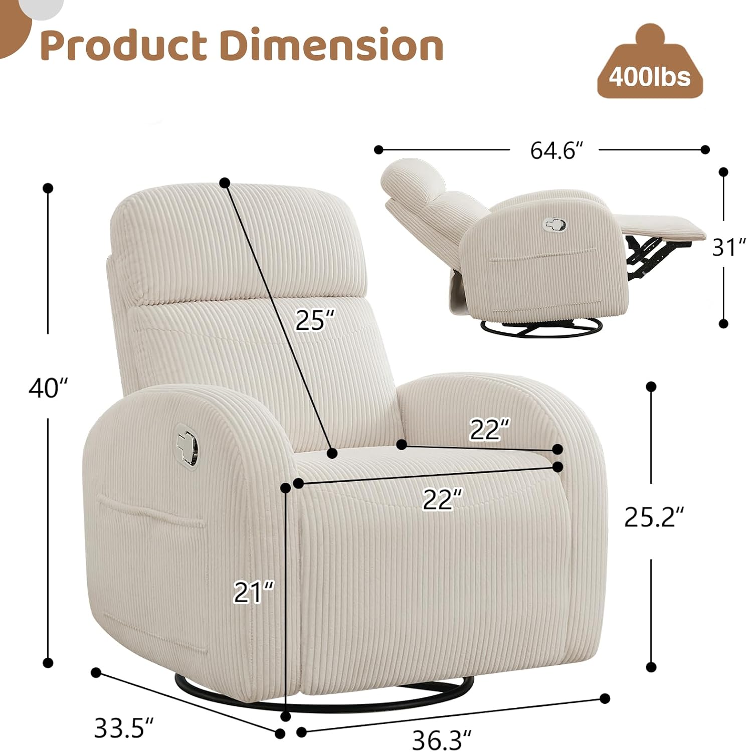 Glider Recliner for Nursery, Swivel Rocker Recliner with 2 Pockets for New Mother, Corduroy Manual Roking Recliners for Living Room, Bedroom, Cream White