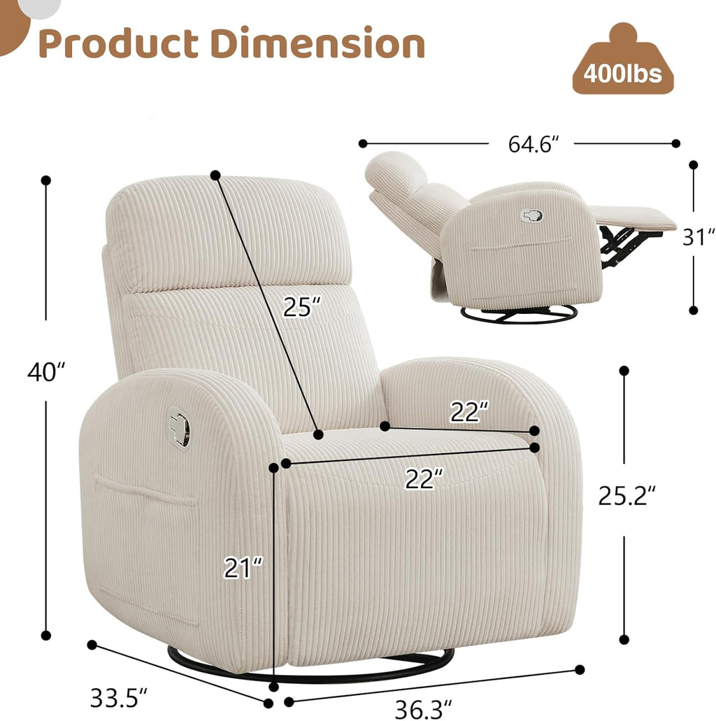 Swivel Recliner Rocker Nursery, Nursering Glider Recliner, Manual Swivel Rocking Reclining with Double Pockets for Living Room, Corduroy Cream White