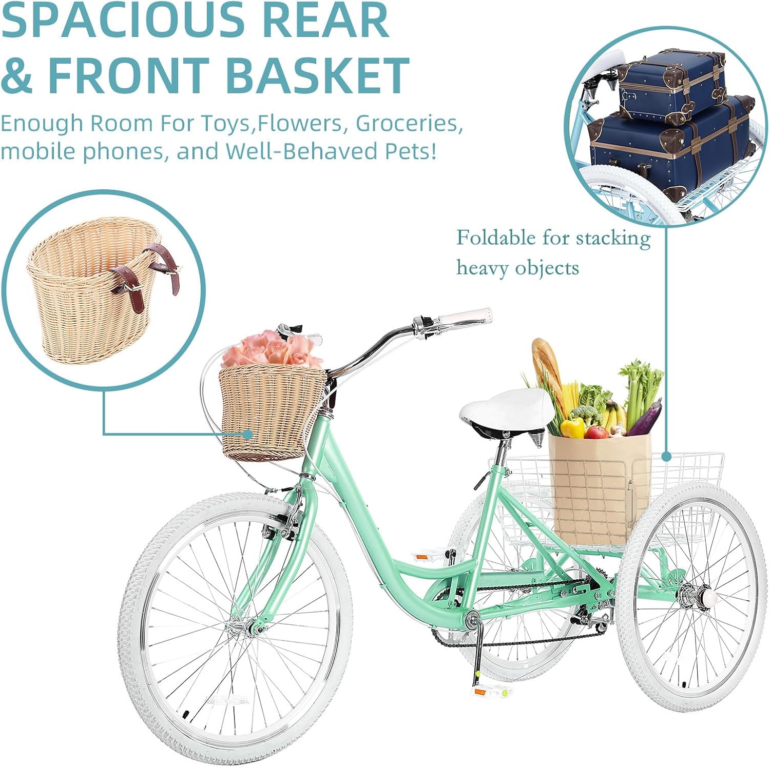Adult Tricycles for Adults, 7 Speed Adult Trikes, 20/24/26 inch 3 Wheel Bike with Basket, Three-Wheeled Cruiser Bicycles for Women and Men, Without Fenders